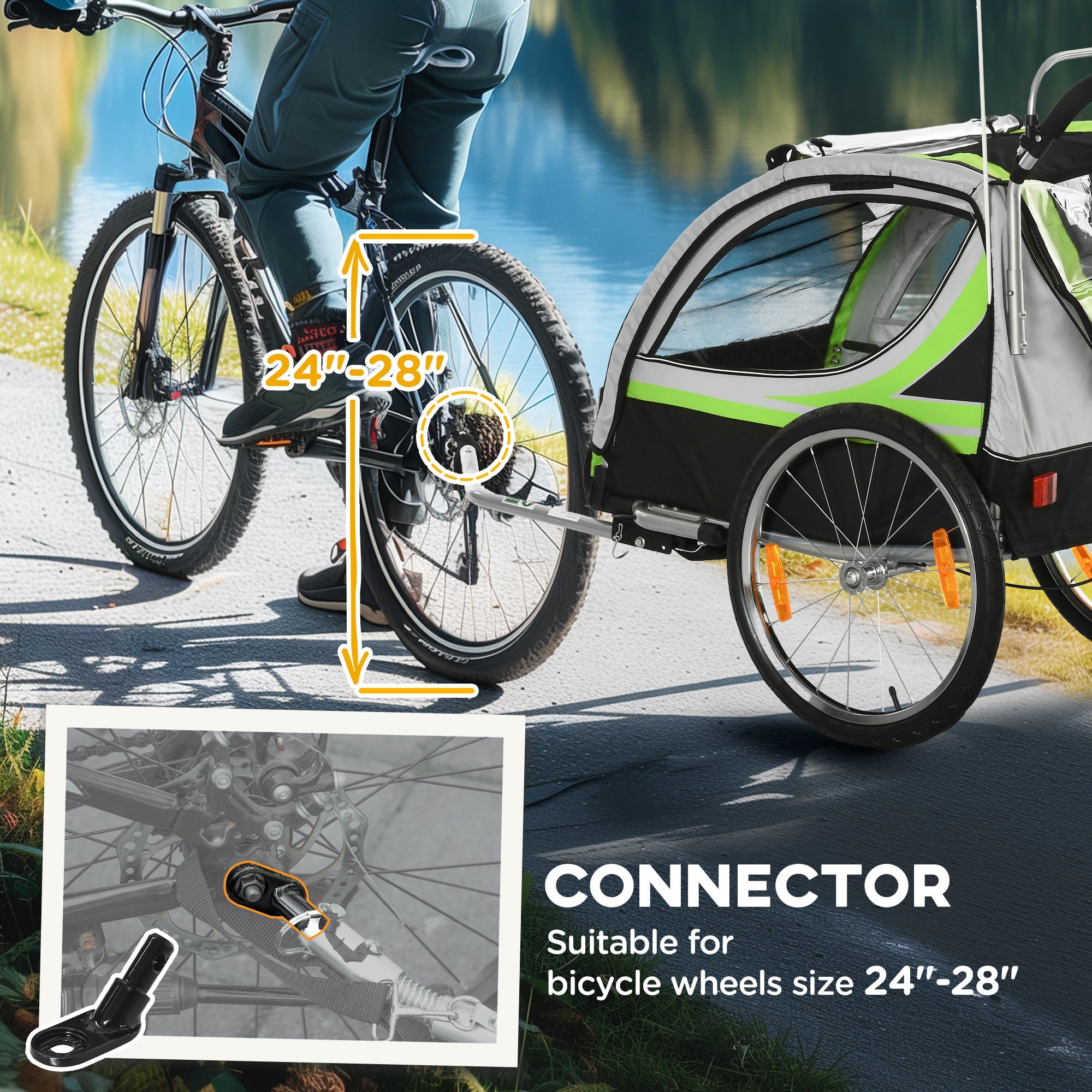 Aosom 2-in-1 Double Baby Jogging Stroller, Bike Trailer for Kids & Toddlers with Handbrake, 5 Point Harness, Waterproof Cover, Storage Bag, Safety Flag, Reflectors, Green