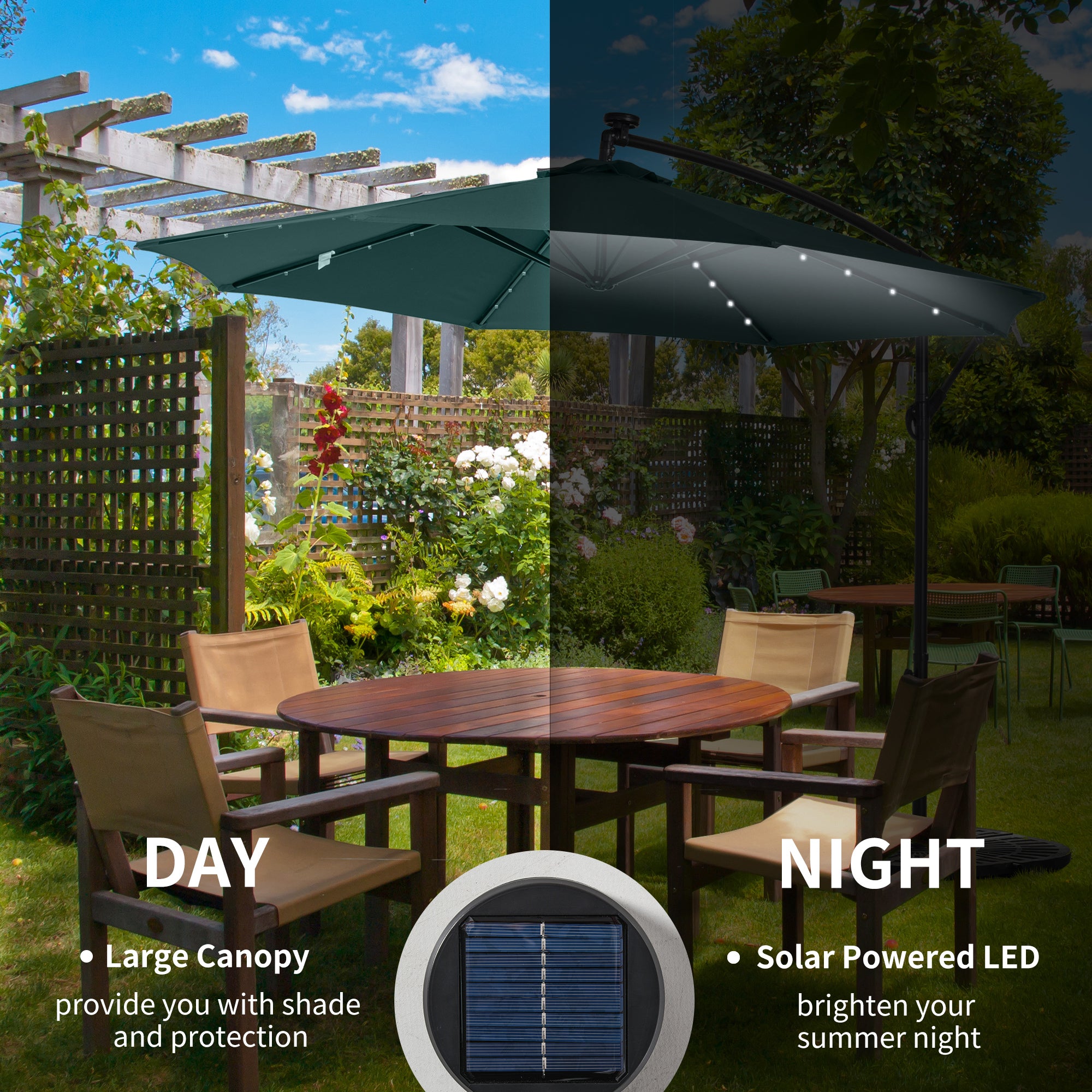 Outsunny 10ft Outdoor Cantilever Umbrella Patio Solor Banana Umbrella with Lights Adjustable Angle for Patio Backyard Dark Green