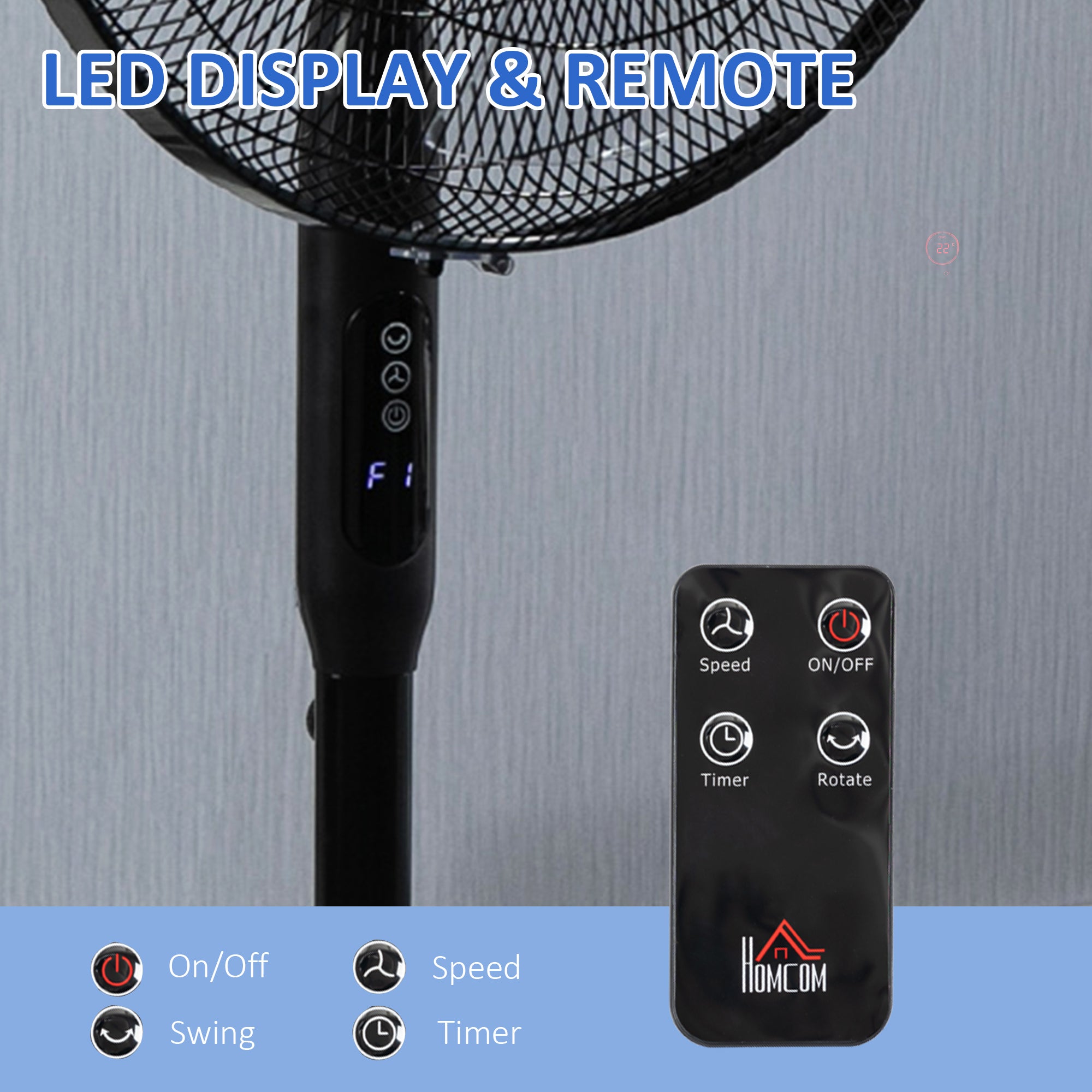 HOMCOM Floor Standing Fan with Remote Control, Oscillating, LED Screen, Stand Up Cooling Fan, Tall Pedestal Electric Fan for Home Bedroom, Black