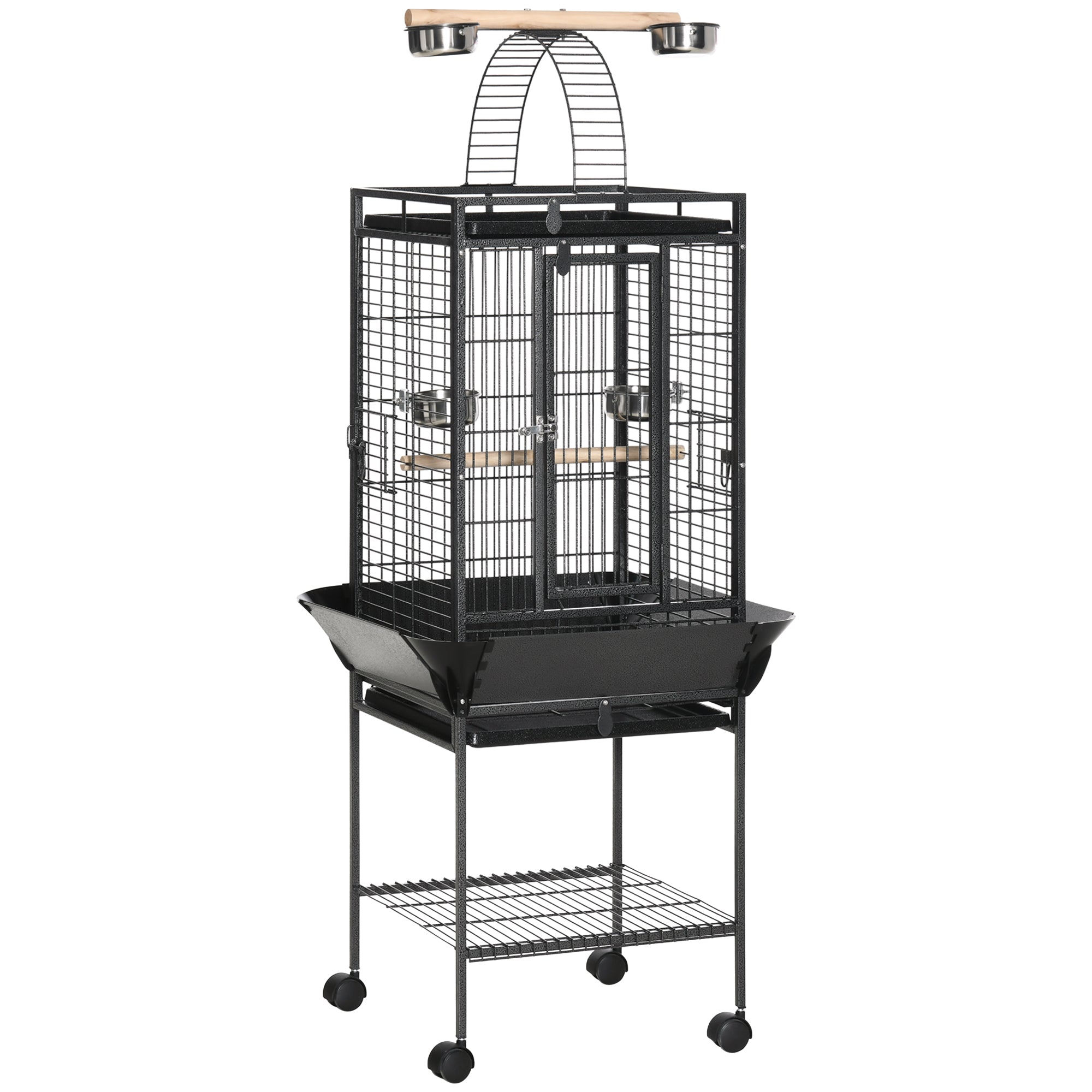 PawHut 61.5 Inch Bird Cage Parakeet House for Cockatiel with Stand, Pull Out Tray, Play Top, Storage Shelf, Wood Perch, Food Container