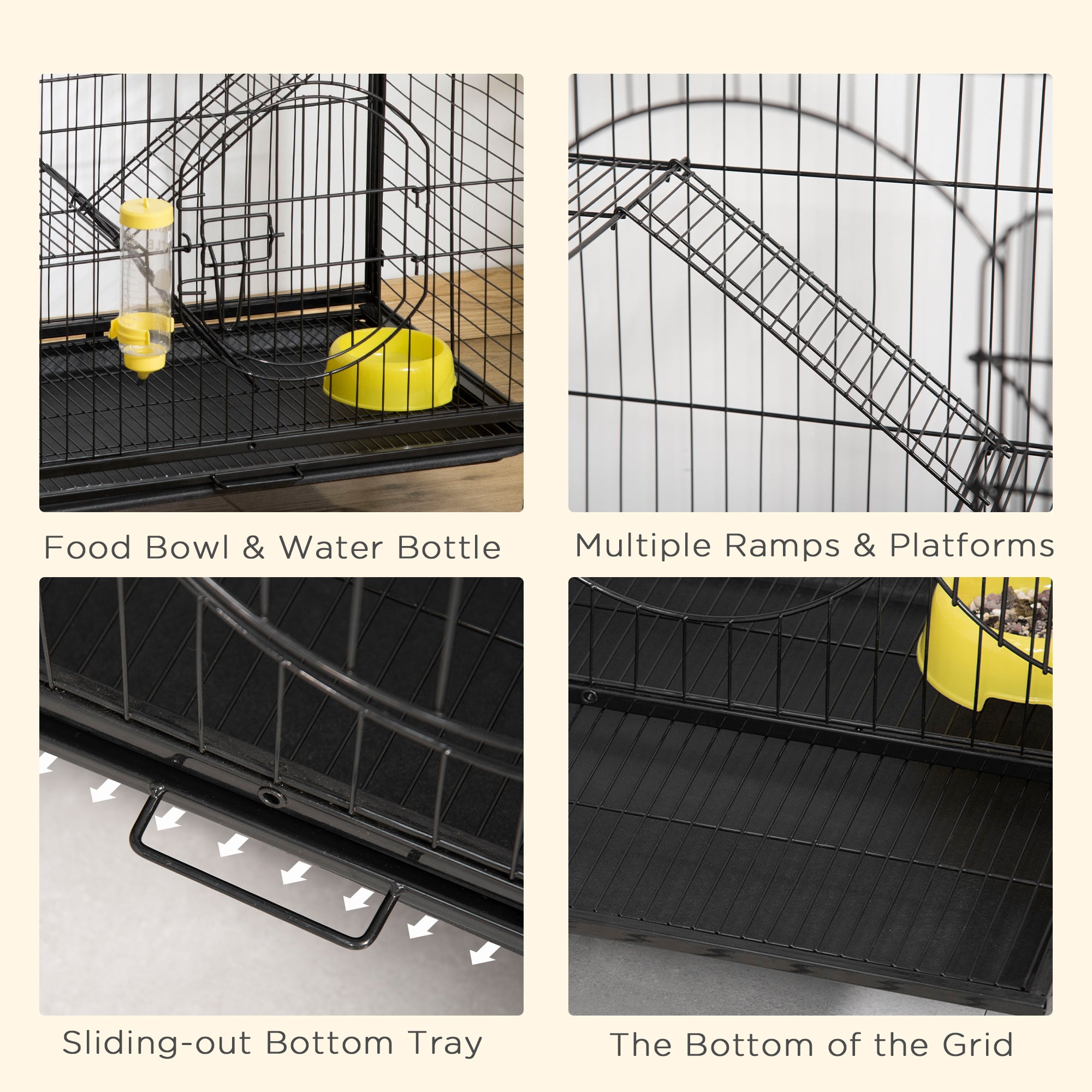 PawHut Rolling Small Animal Cage 36.6" Pet Rabbit Ferret Playpen, Animal Supply Kit Metal Black for Bunny, Pet Mink, Chinchilla