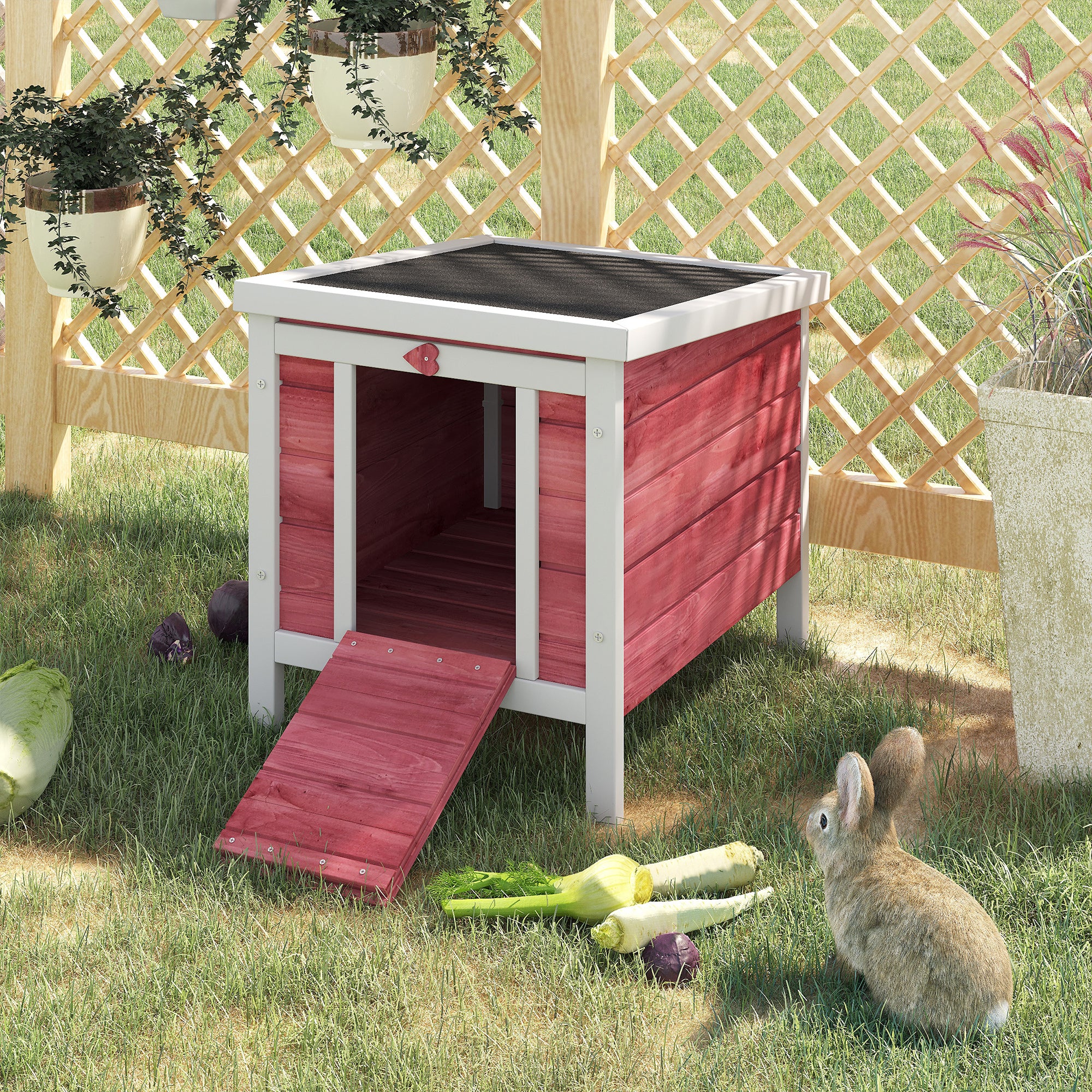 PawHut Wooden Rabbit Hutch Bunny Cage Outdoor Cat House Guinea Pig Cage Duck Shelter, Indoor Outdoor Use, 20"x16.5"x17", Red