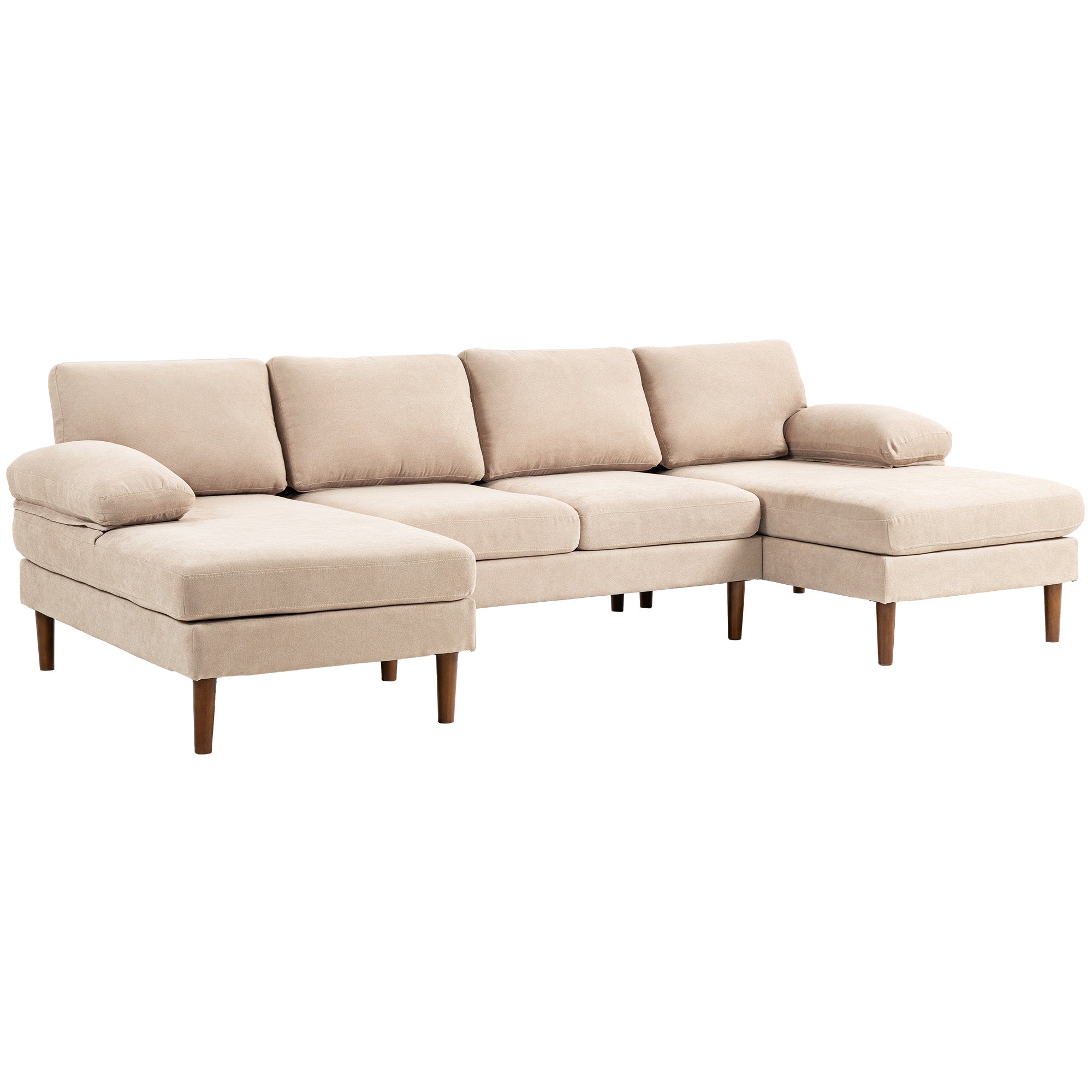 HOMCOM U Shape Couch with Double Chaise Lounge, Modern 4 Seater Sofa with Wooden Legs, Fabric Sofa for Living Room, Beige