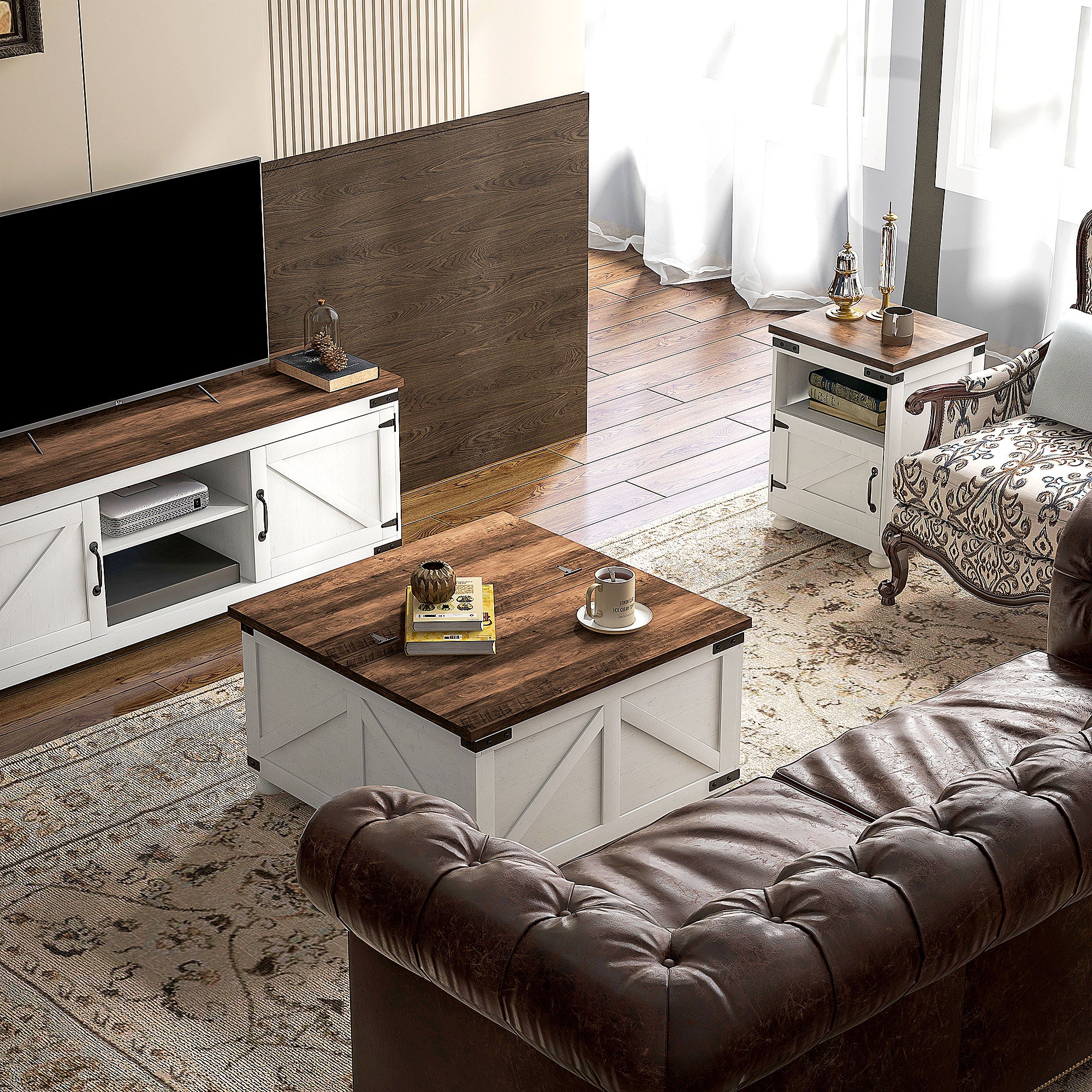 HOMCOM Coffee Table with Lift Top, 32" Farmhouse Center Table with Hidden Compartment for Living Room, Antique White