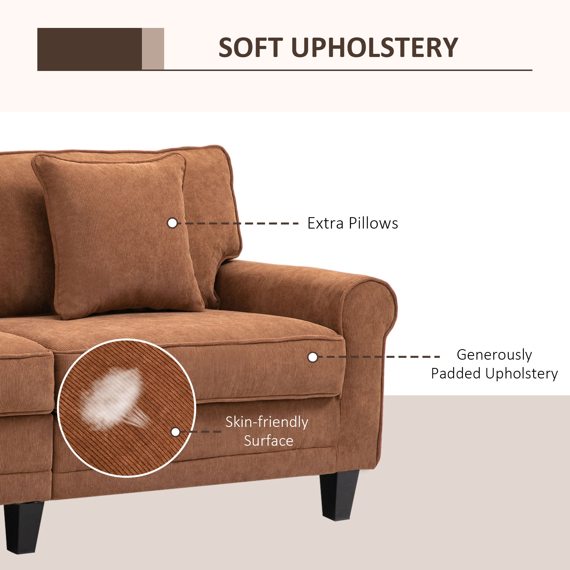 HOMCOM Modern 3 Seater Sofa, Corduroy Fabric 3 Seater Couch with Pine Wood Legs and Rolled Armrests for Living Room, Brown