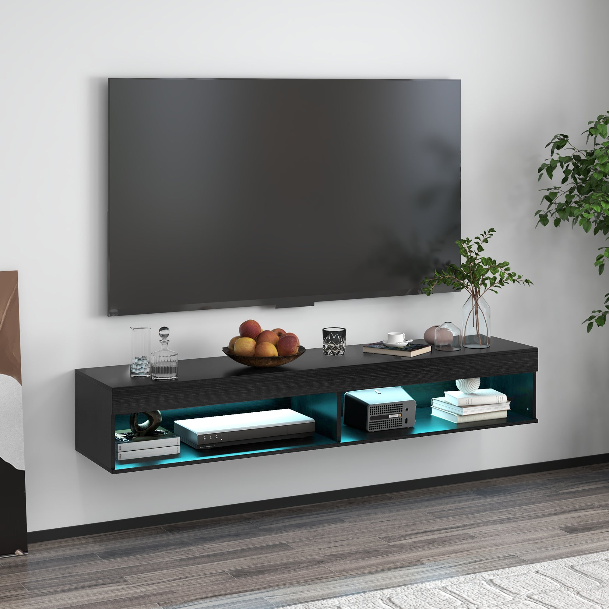 HOMCOM Modern Wall Mounted TV Stand with Storage and LED Lights for TVs up to 75", Floating TV Shelf for Living Room, Black