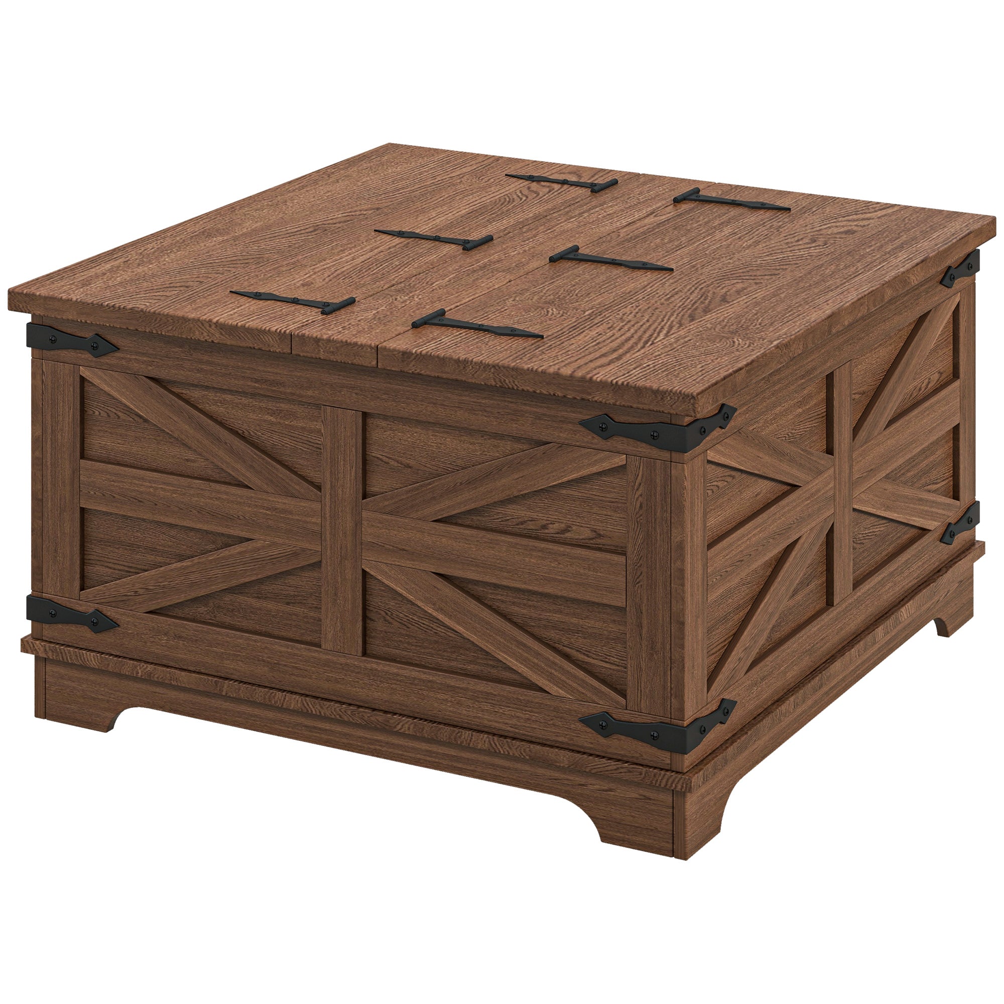 HOMCOM Farmhouse Coffee Table, Square Center Table with Flip-top Lids, Hidden Storage Compartment, Brown