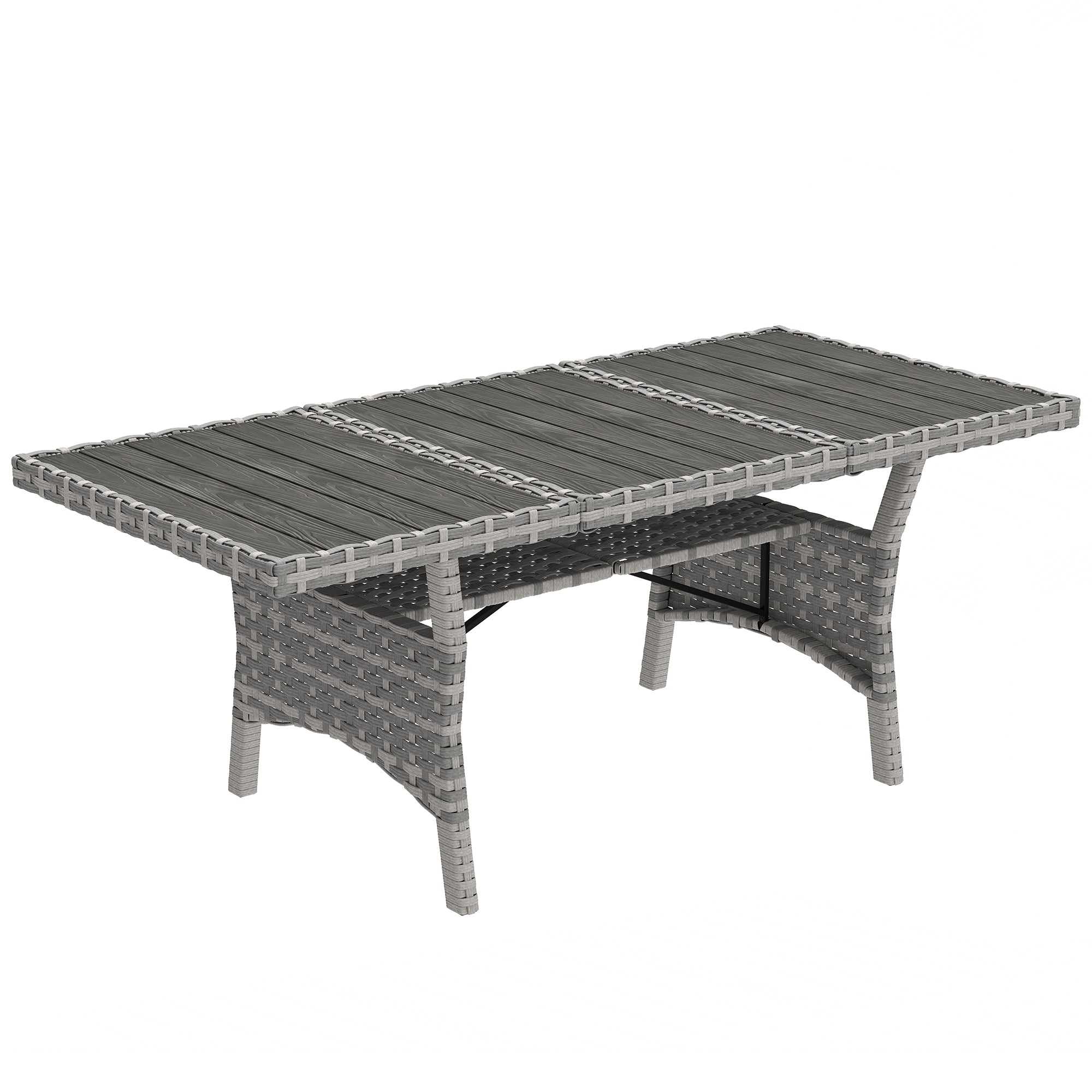 Outsunny 75" Outdoor Dining Table for 6-8, Wicker Patio Table with Storage Shelf and WPC Slatted Top for Balcony, Grey