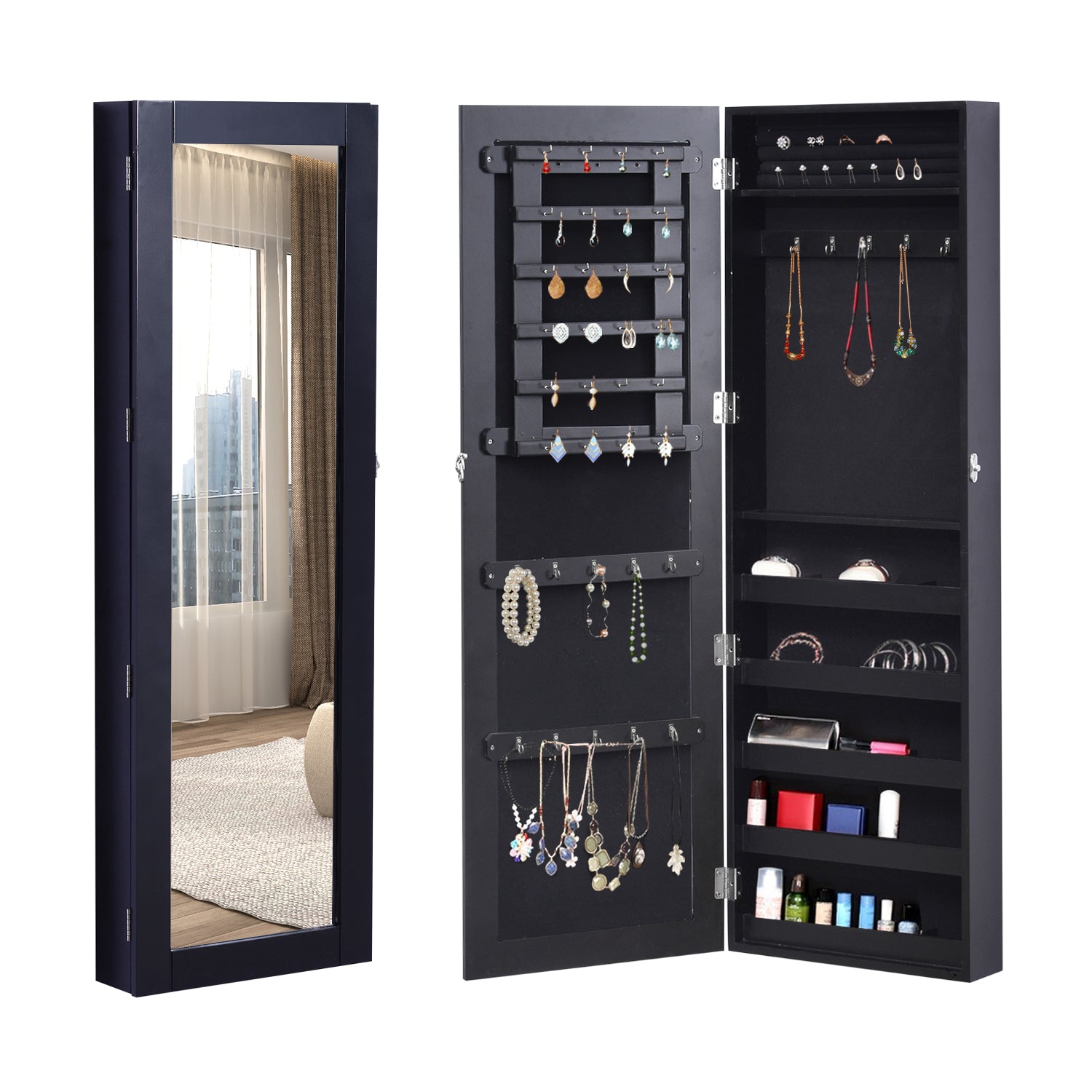 HOMCOM Mirrored Jewelry Cabinet Hanging Wall Mount Real Glass Mirror Locked (Black)