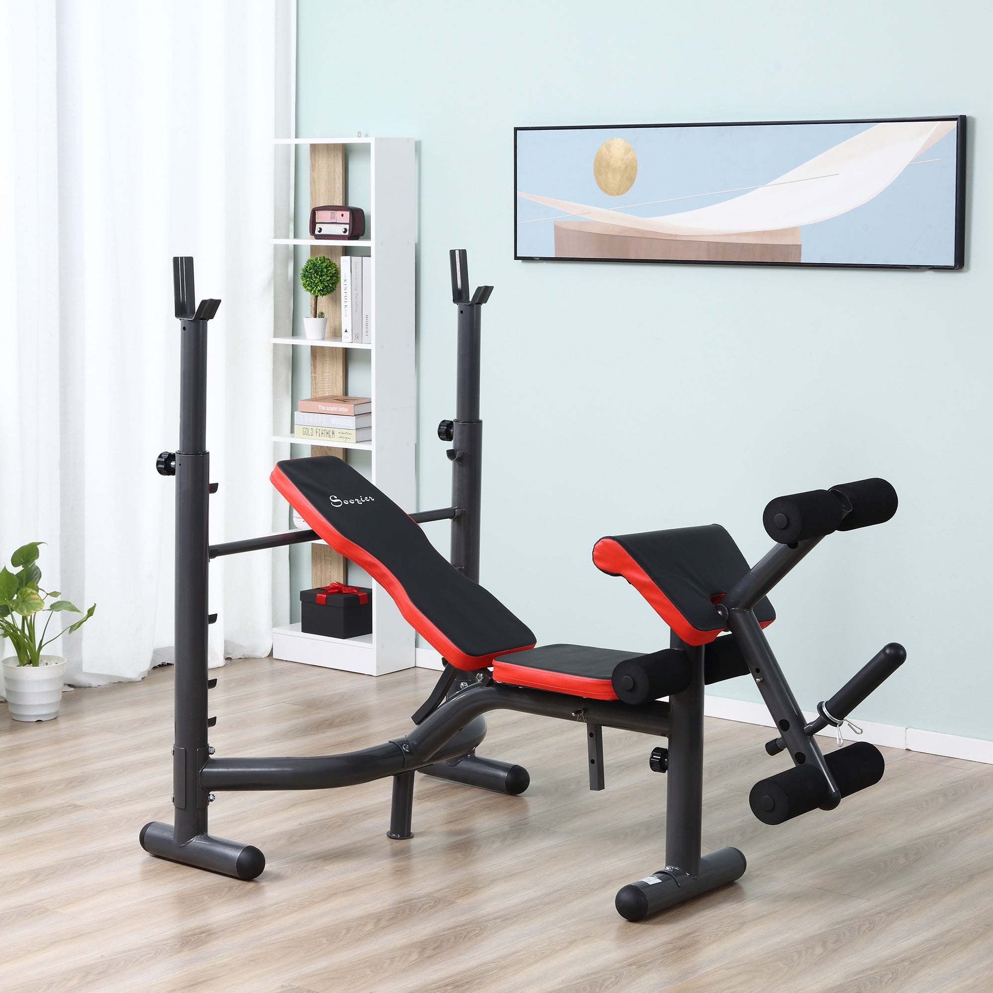 Soozier Press Bench, Heavy Duty Multiple Function Workout Adjustable Bench with Preacher Curl, Leg Developer