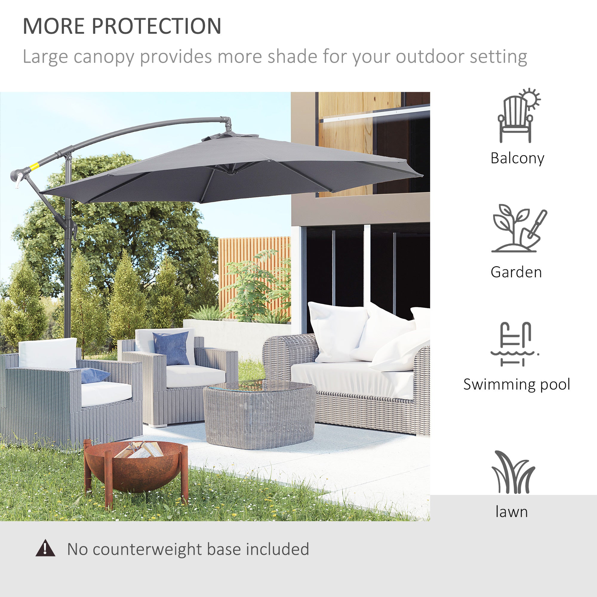 Outsunny Φ10' Deluxe Patio Umbrella Outdoor Market Parasol Banana Hanging Offset Sunshade Crank Cross Base Grey