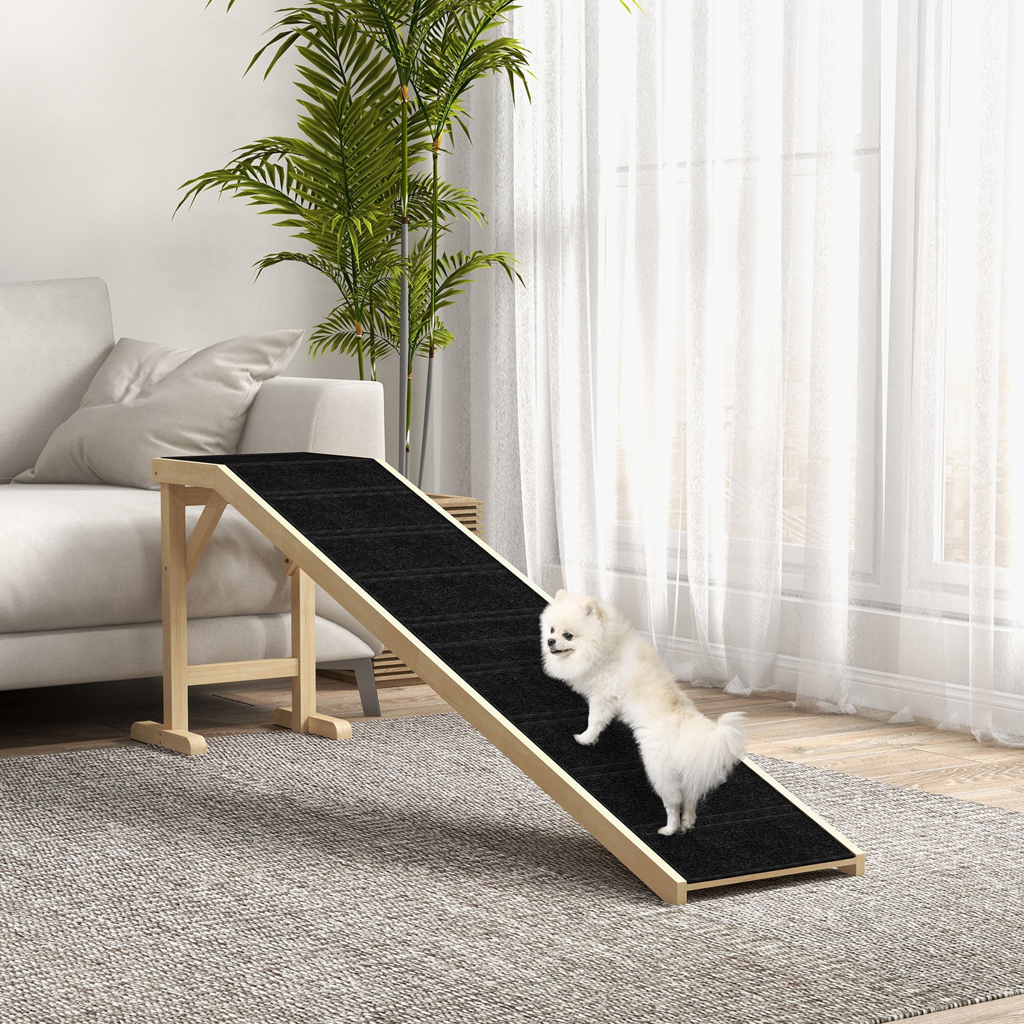 PawHut Pet Ramp Bed Steps for Dogs Cats Non-slip Carpet 74"L x 16"W x 25"H Natural