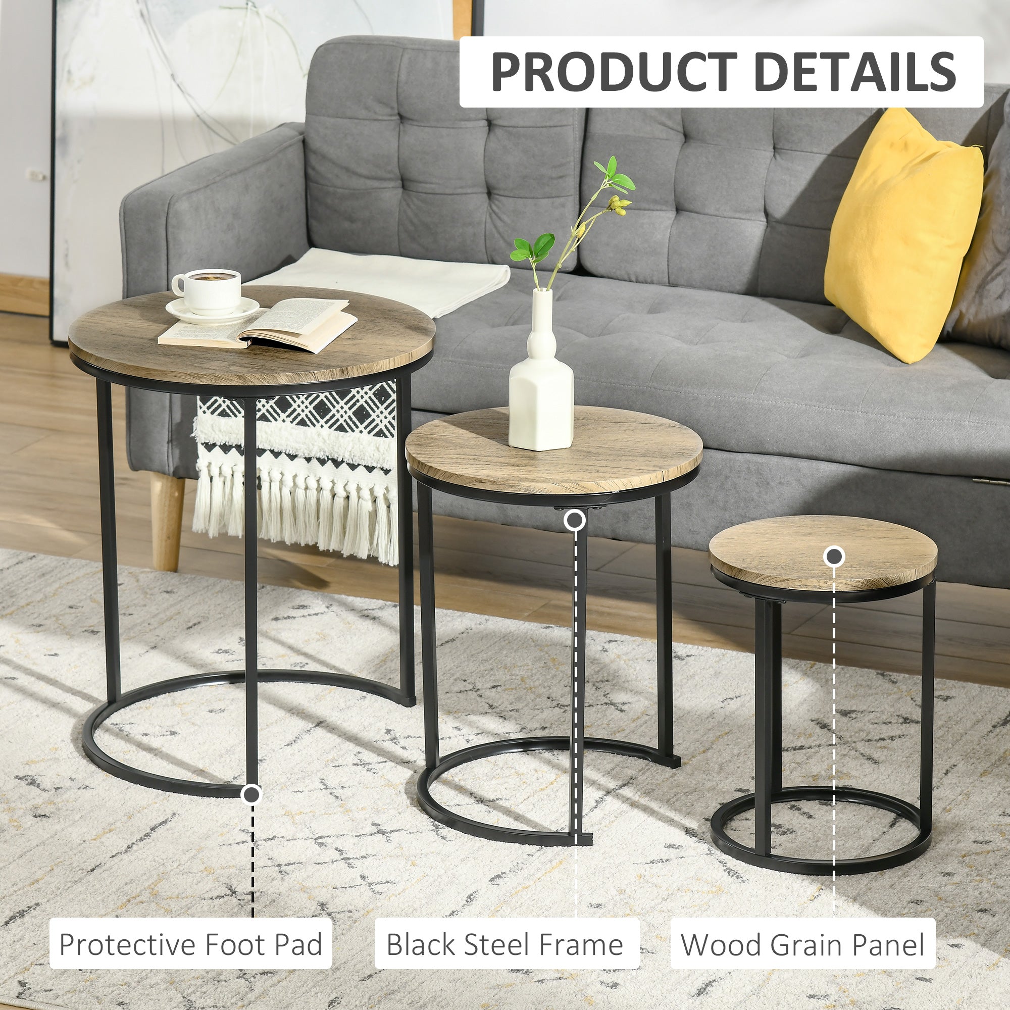 HOMCOM Nesting Tables Set of 3, Round Coffee Table, Stacking Side Tables with Steel Frame for Living Room