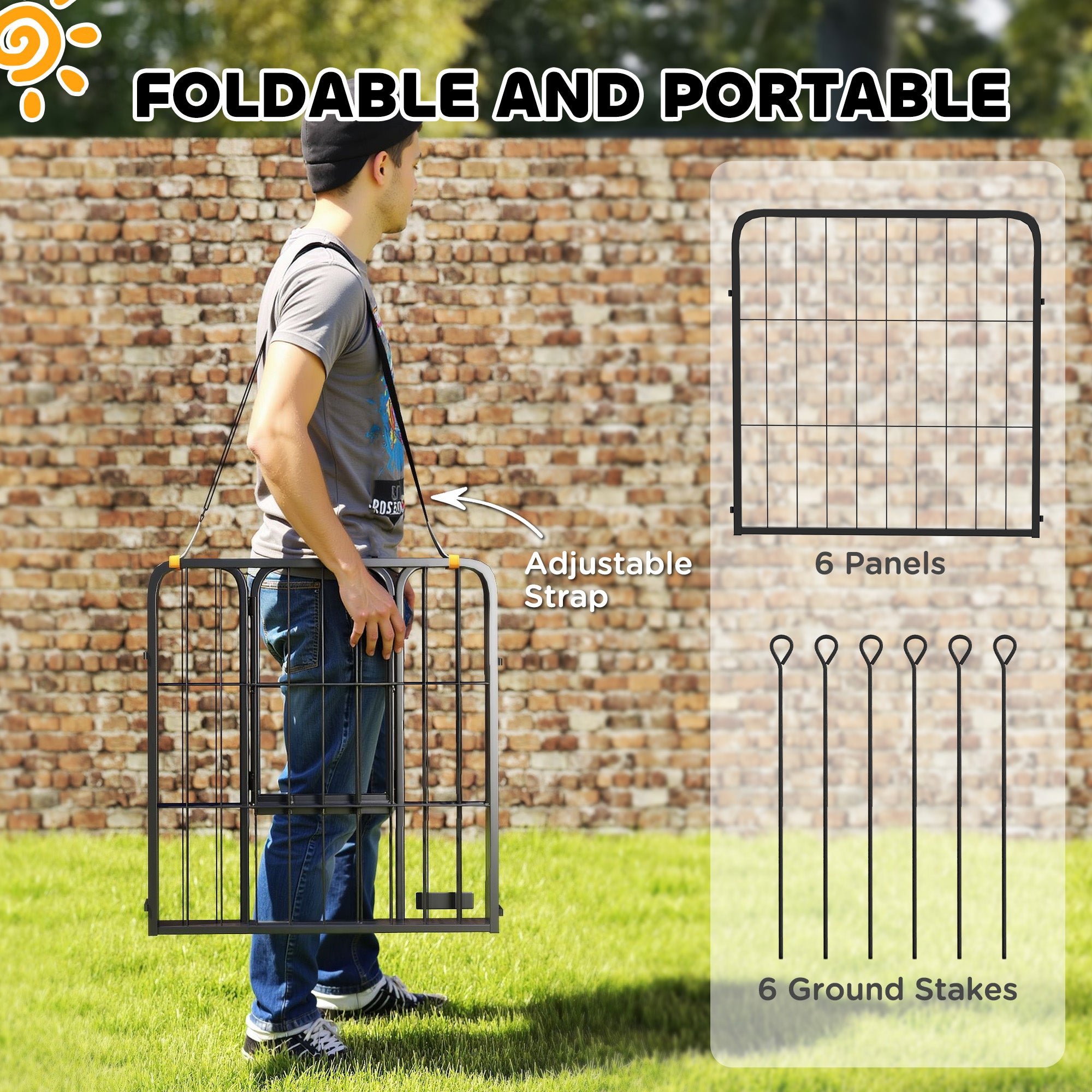PawHut 6 Panels Heavy Duty Dog Playpen Outdoor Indoor with Door & Strap, 24" Height Portable & Foldable Pet Playpen