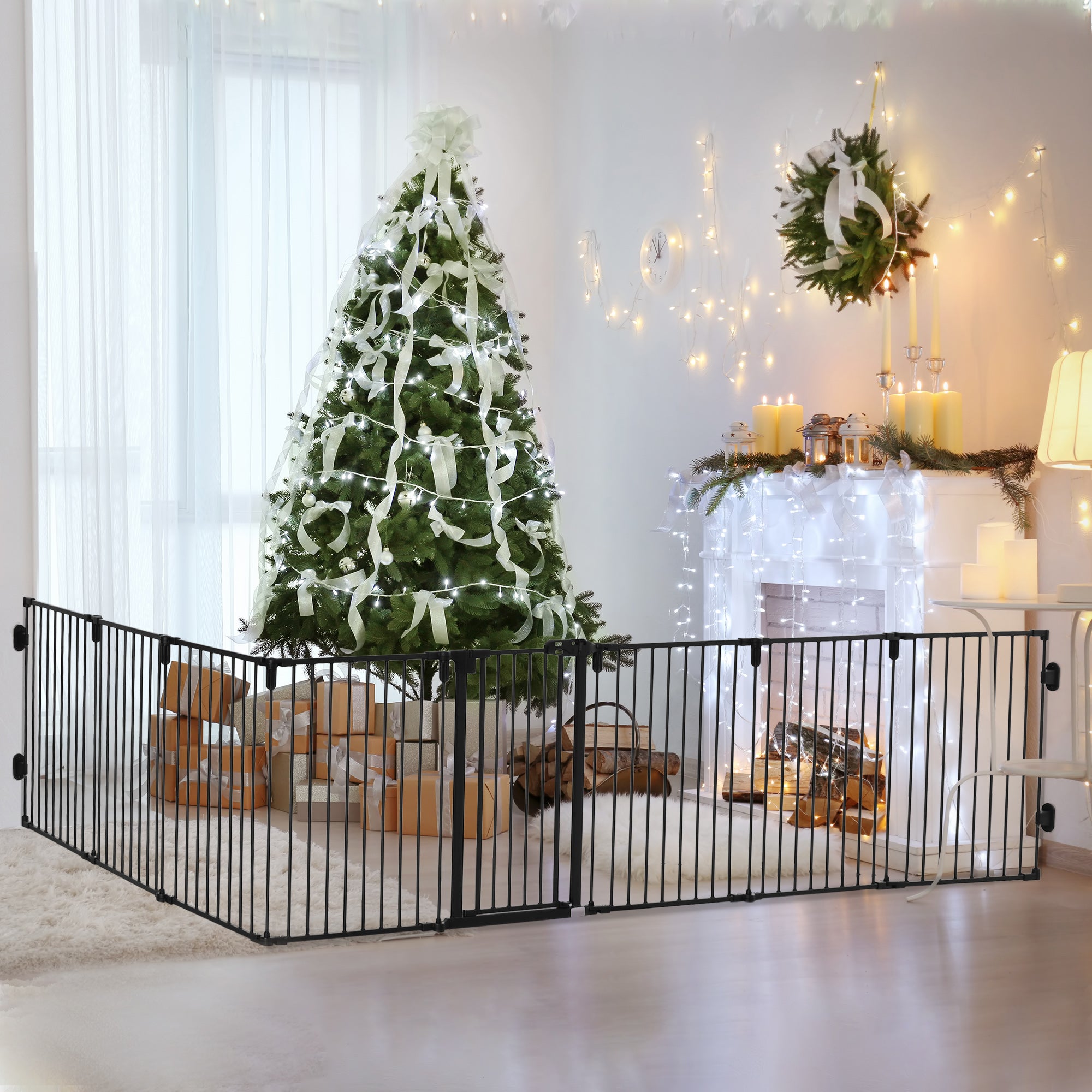 PawHut Dog Safety Gate 8-Panel Playpen Fireplace Christmas Tree Steel Fence Stair Barrier Room Divider Black