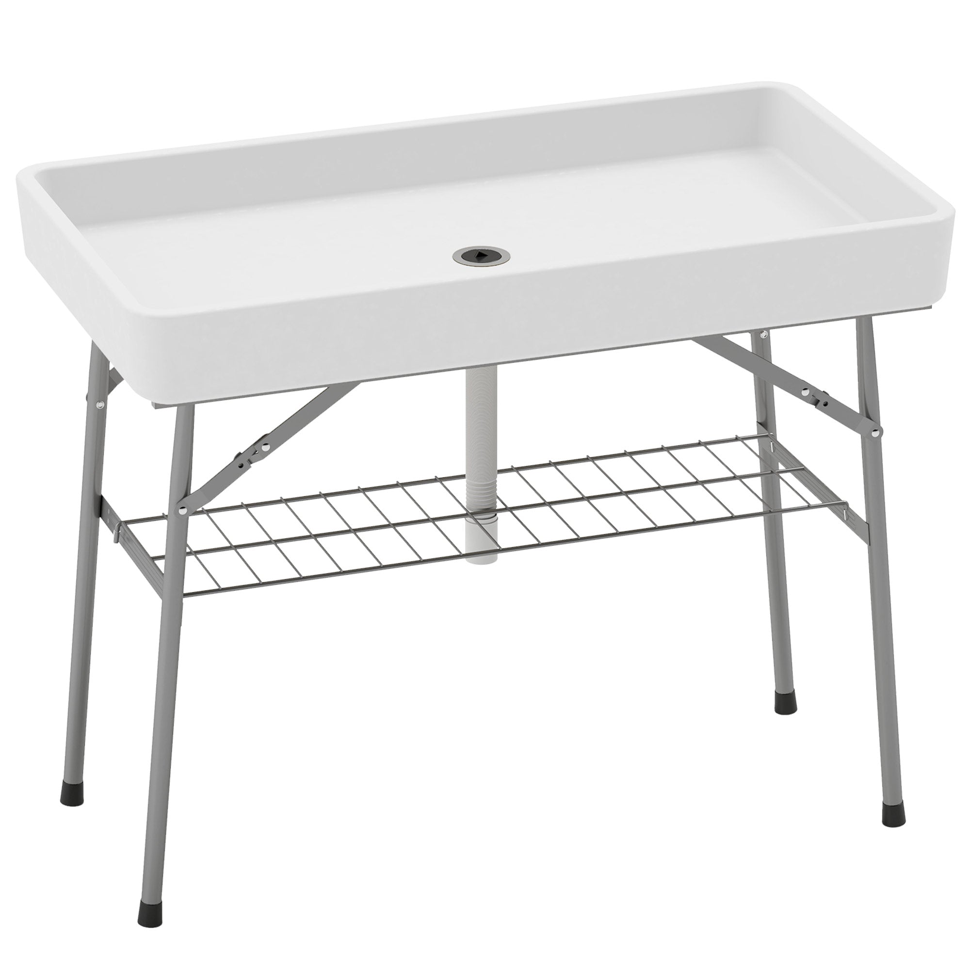 Outsunny 3.4ft Folding Ice Cooler Table with Drain, Outdoor Patio Party Cooler for Drinks, Fishing Cleaning Table with Storage Shelf for Picnic BBQ Camping Wedding, White