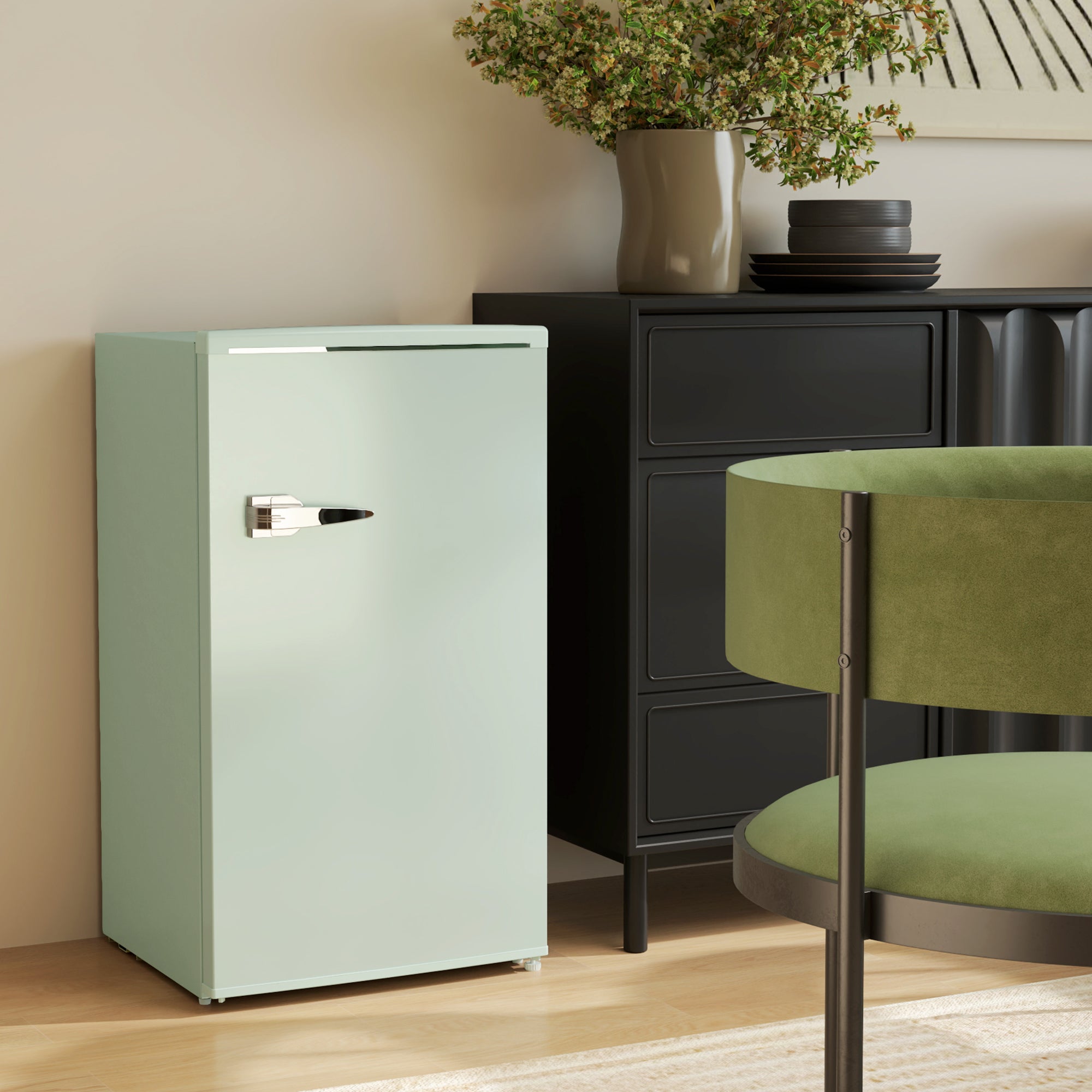 HOMCOM Retro Mini Fridge, 3.1 Cu. Ft Single Door Compact Refrigerator with Adjustable Thermostat, 2 Glass Shelves, Green