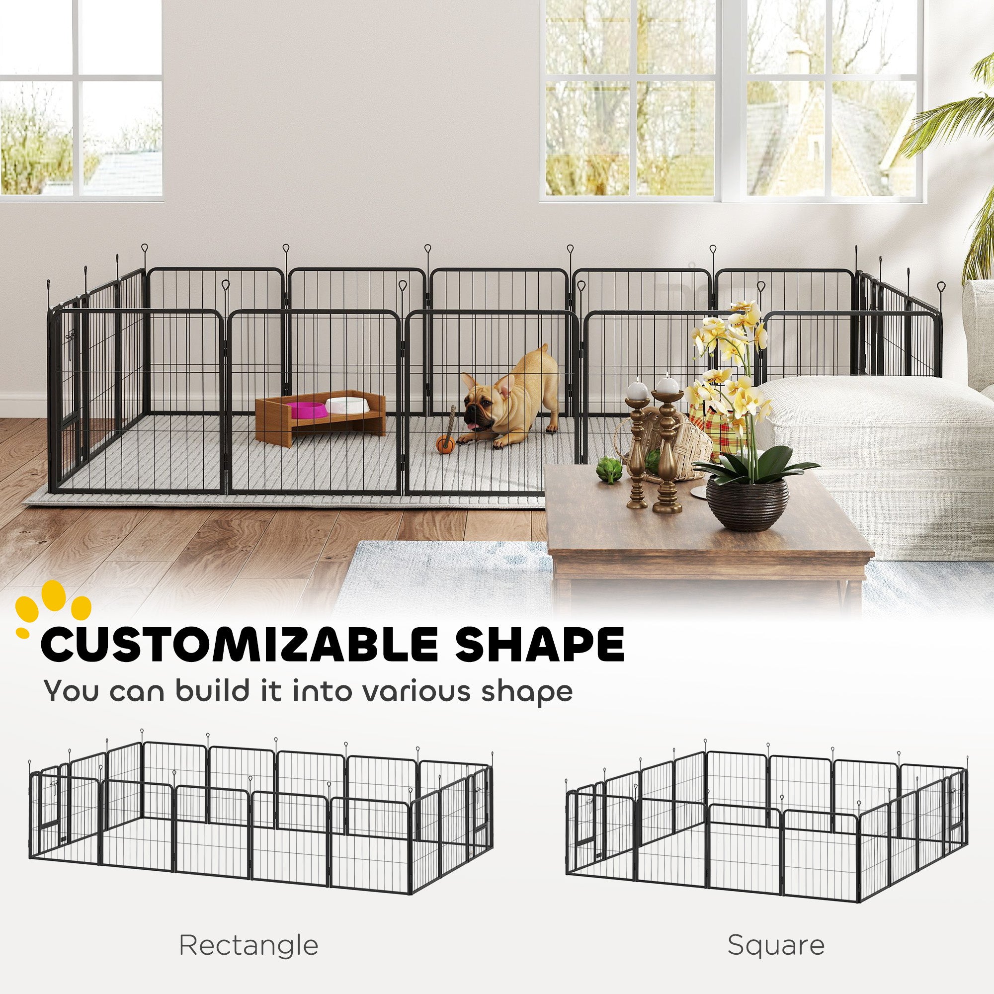 PawHut 16 Panels Dog Playpen with Straps, Portable & DIY, for Small Dogs, for Yard, RV, Camping, Garden, 24" Height