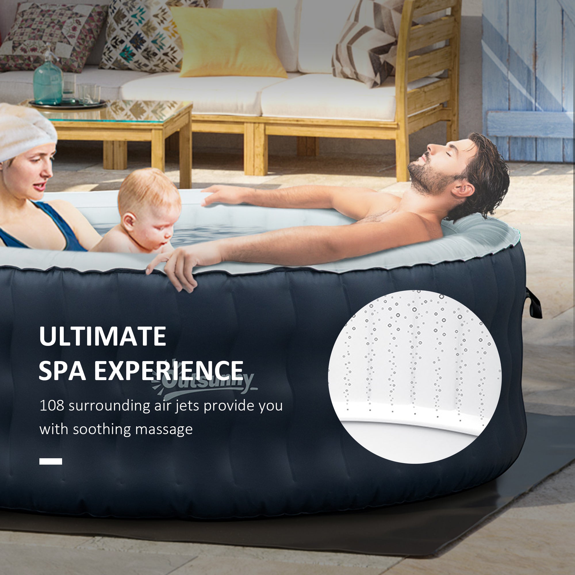 Outsunny 4-6 Person Inflatable Portable Hot Tub Outdoor Round Heated Spa with 108 Jets, Cover, Filter Cartridges, Dark Blue