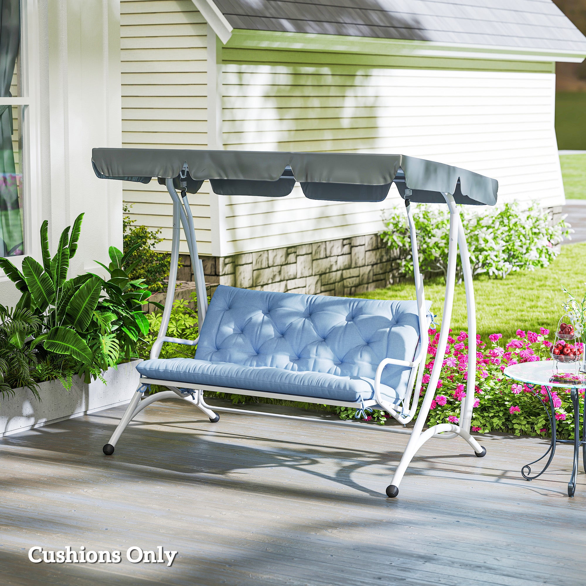 Outsunny 2 Seater Garden Bench Cushion, Thick Outdoor Non-Slip 2 Seater Soft Pad With Backrest for Garden Patio, 47" x 43" x 5", Light Blue