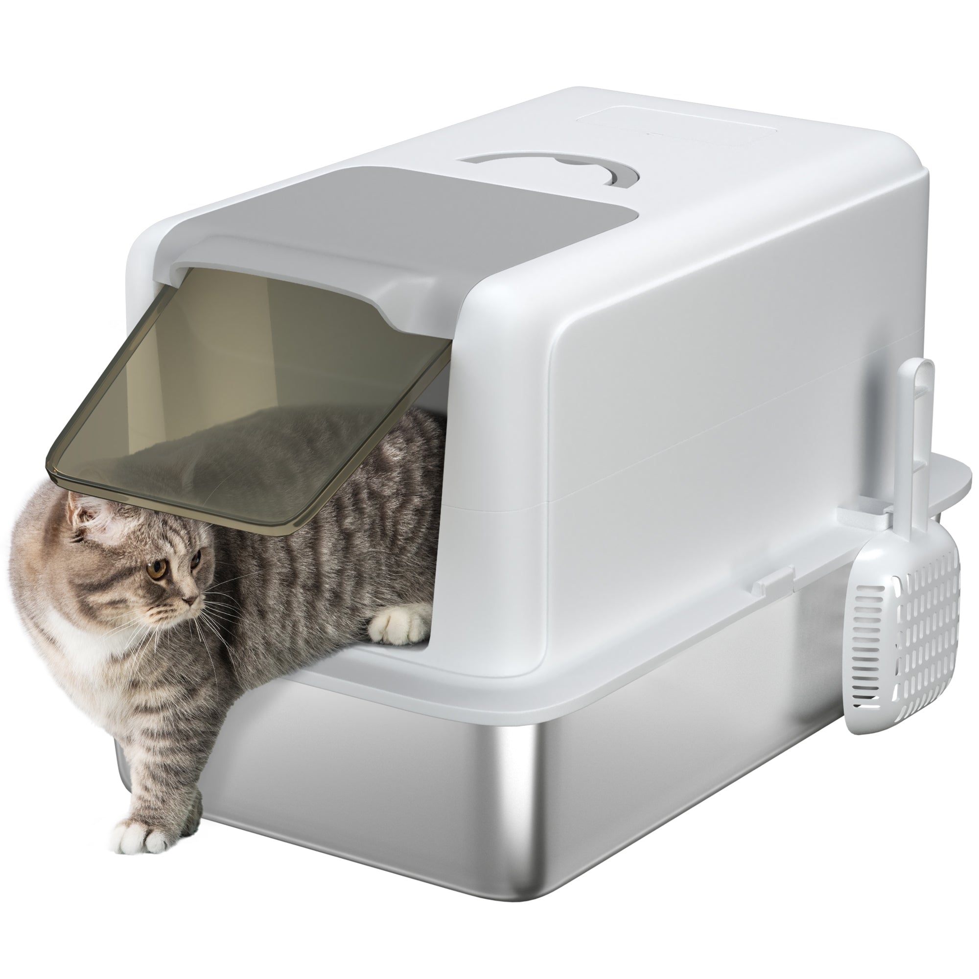 PawHut Stainless Steel Cat Litter Box w/ Removable Lid & Scoop, for Small to Large Cats, Easy to Clean, White