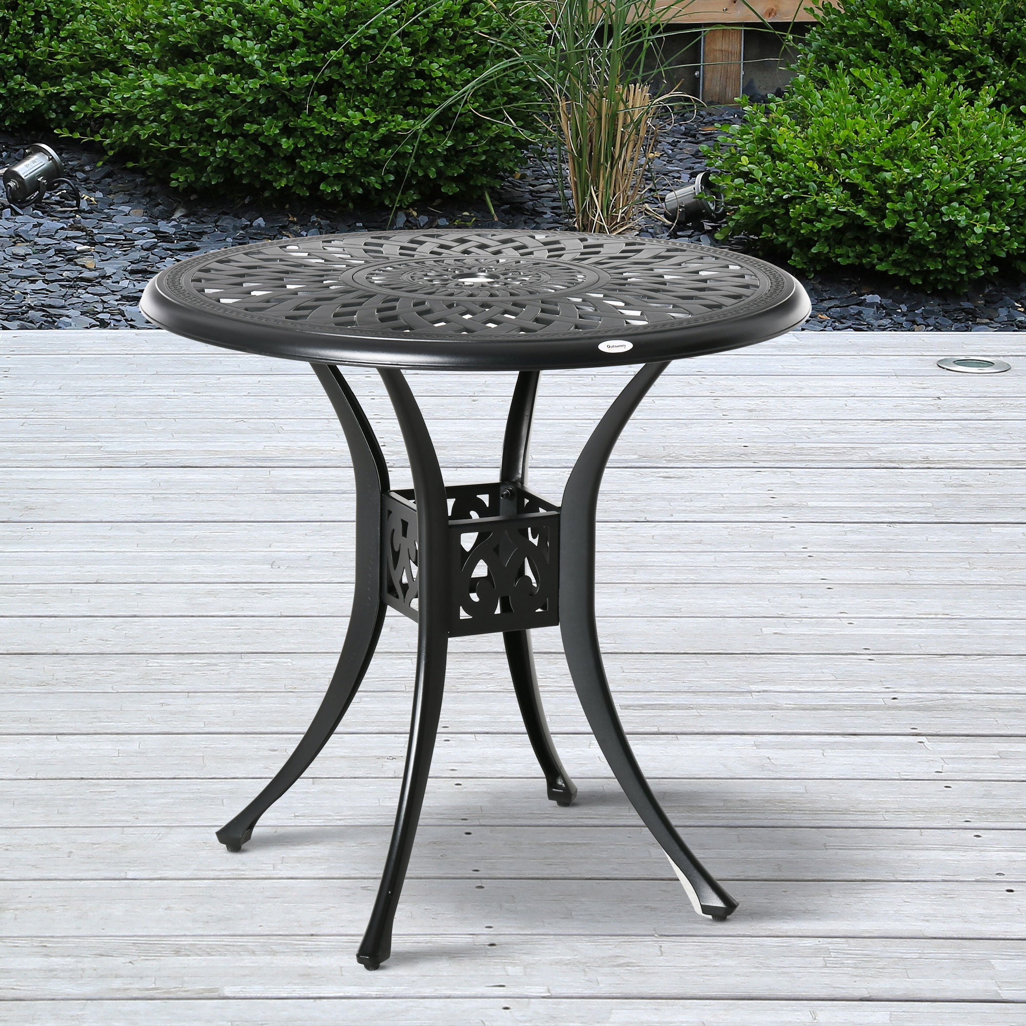 Outsunny 30-inch Round Patio Dining Table with Umbrella Hole Antique Cast Aluminium Outdoor Bistro Table, Black