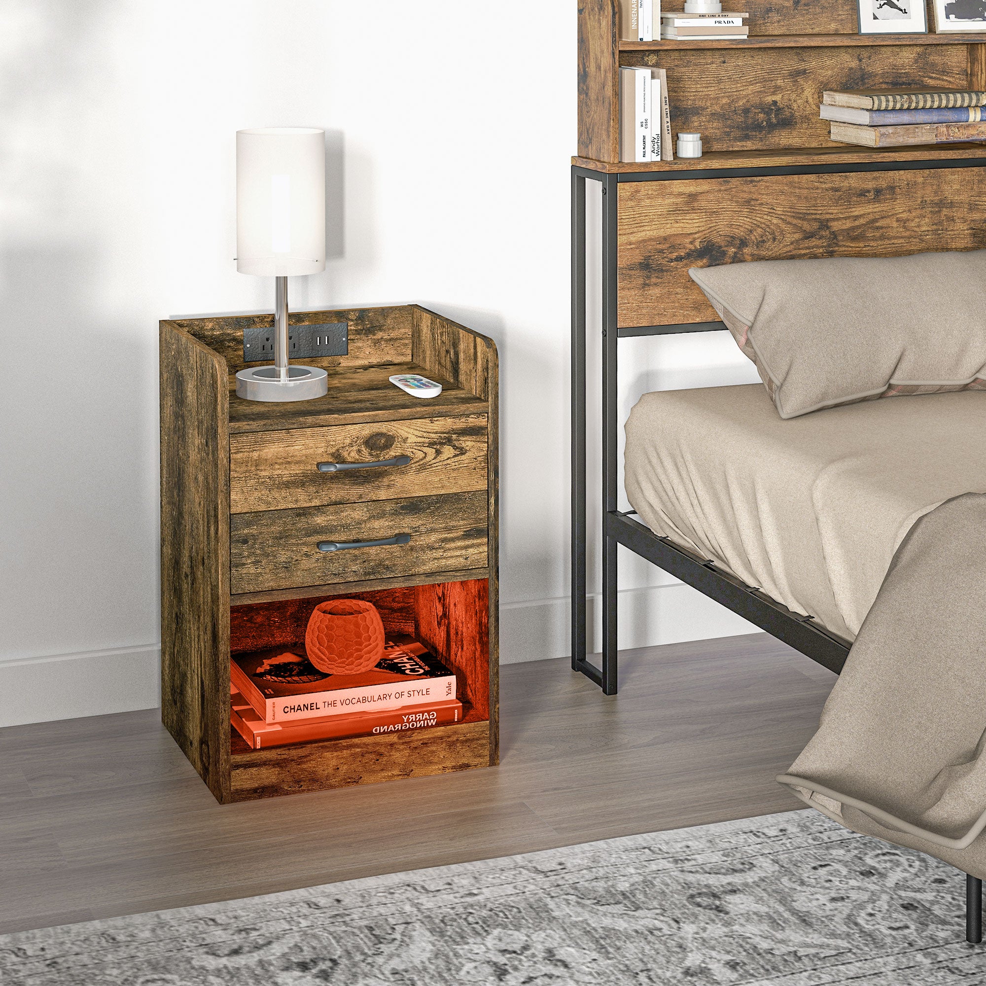 HOMCOM Tall Nightstand with Charging Station and LED Lights, Small Bedside Table with AC Outlets, USB Ports, 2 Drawers, Shelf