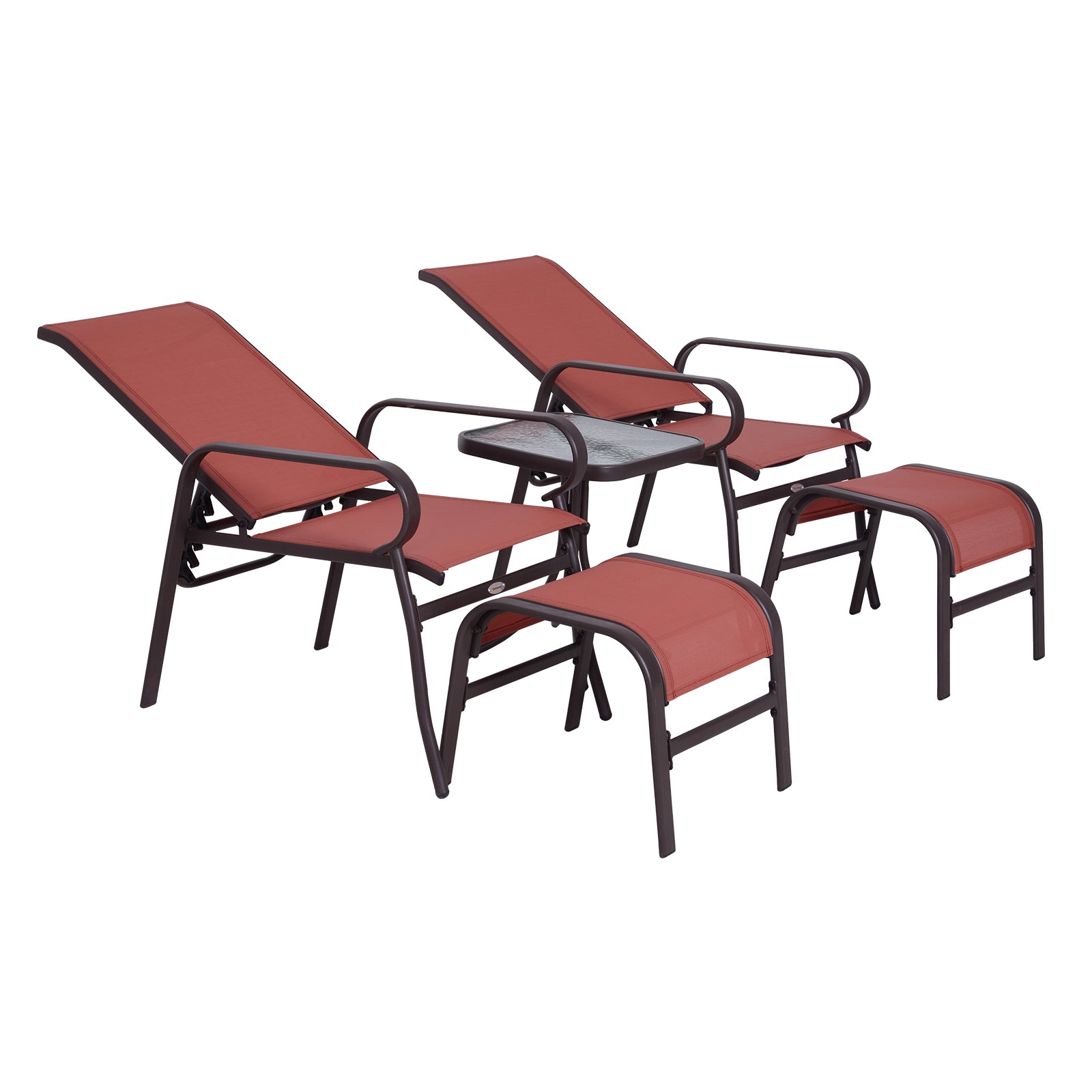 Outsunny 5pc Garden Sling Patio Bistro Set Outdoor Adjustable Lounger Table Footrest Set Brown
