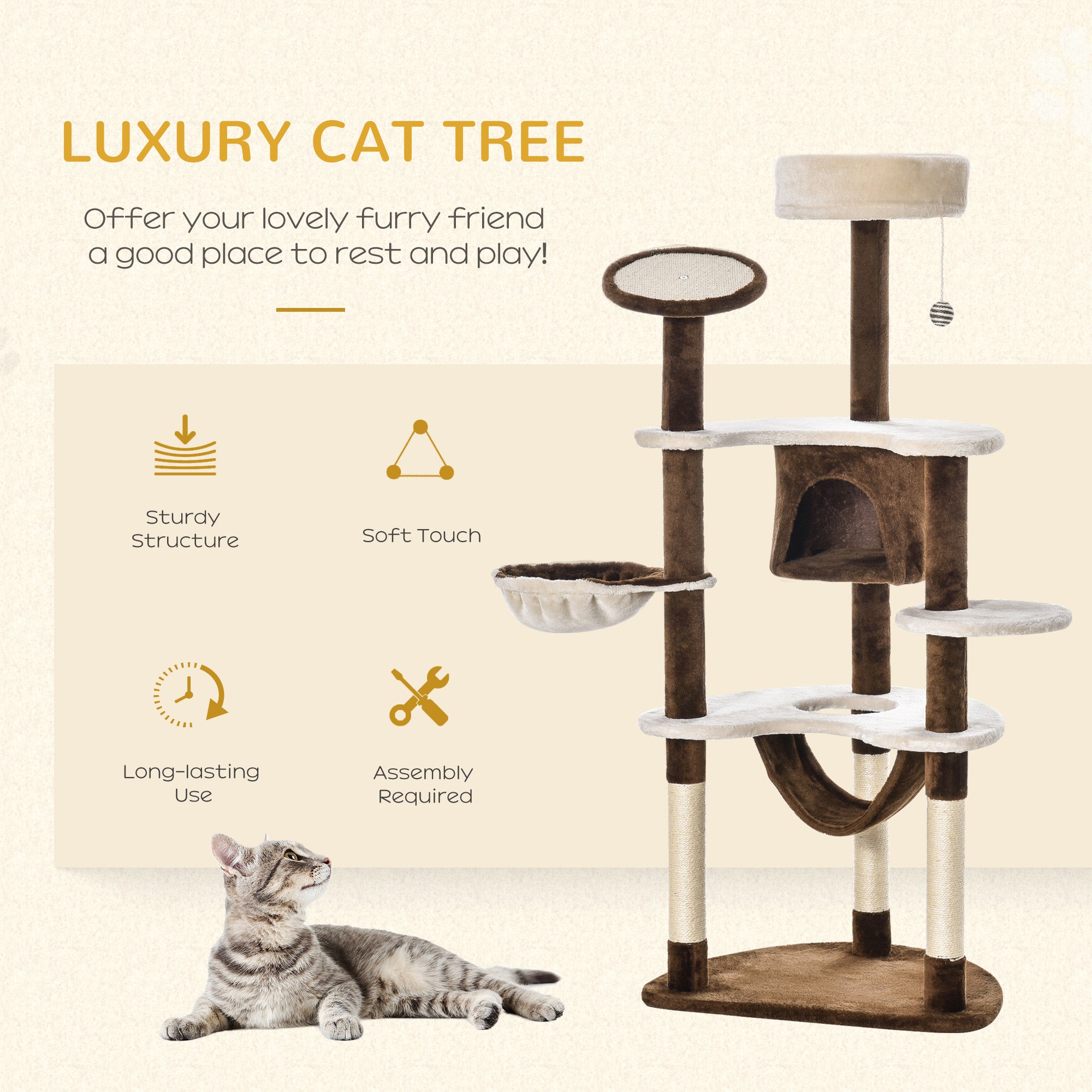 PawHut 60" Cat Scratching Tree, Cat Bed Condo Post House Pet Furniture Toys-Brown & Tan