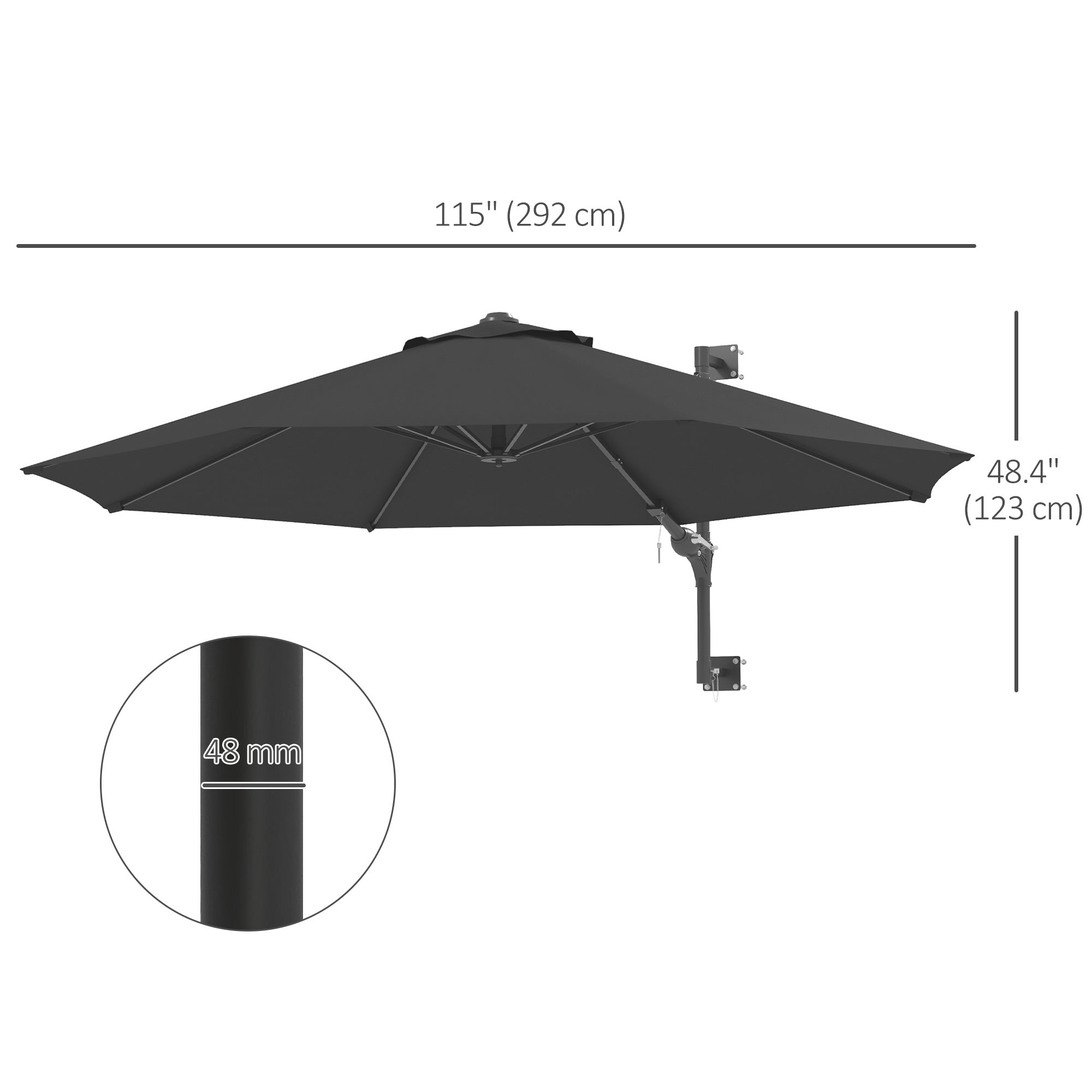 Outsunny 9.6 x 9.6 ft Wall Mounted Umbrella with Rotate, Patio Market Umbrella Parasol for Outdoor with Crank, Charcoal Grey
