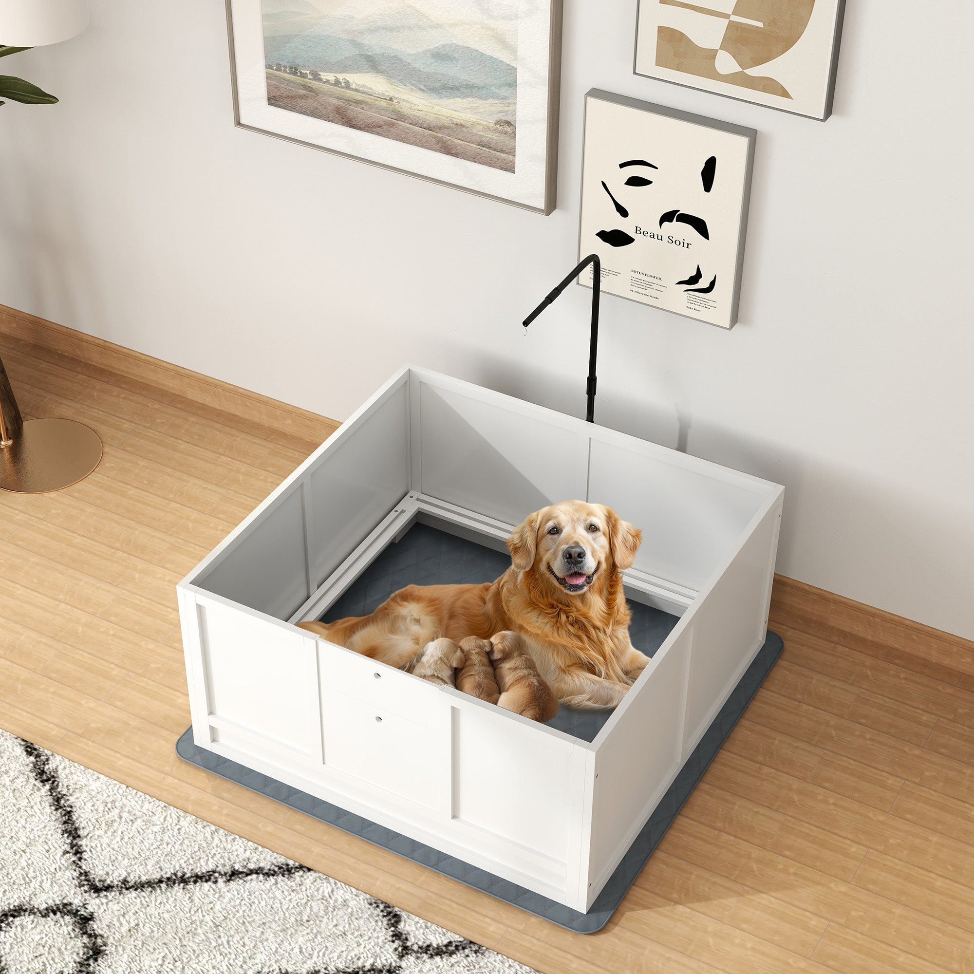 PawHut Whelping Box for Dogs with Retractable Light Stand, Waterproof Pad, Rail, Adjustable Height Door, 41" x 39"