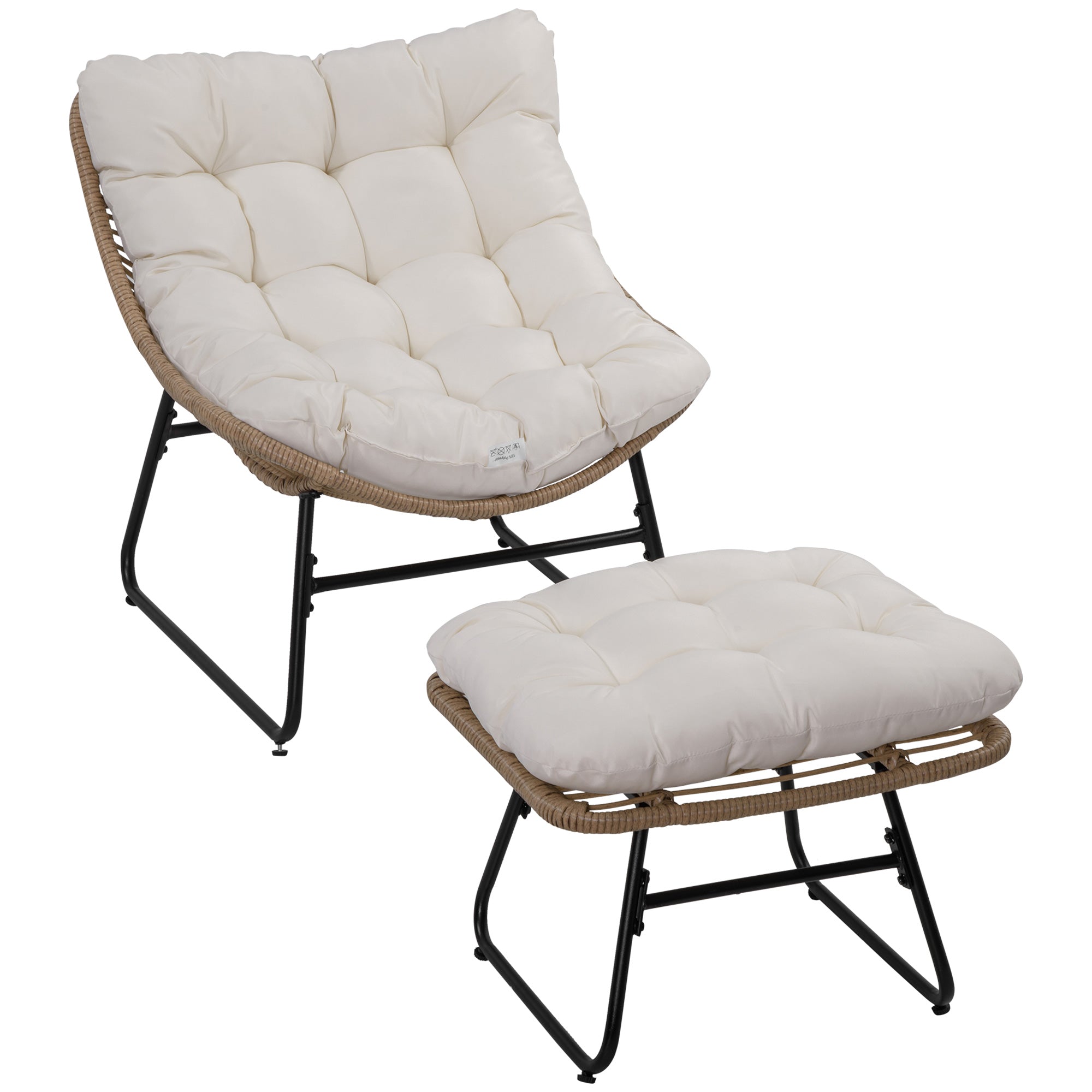 Outsunny Rattan Chair w/ Stool, Cushion, Adjustable Foot Pads, Natural