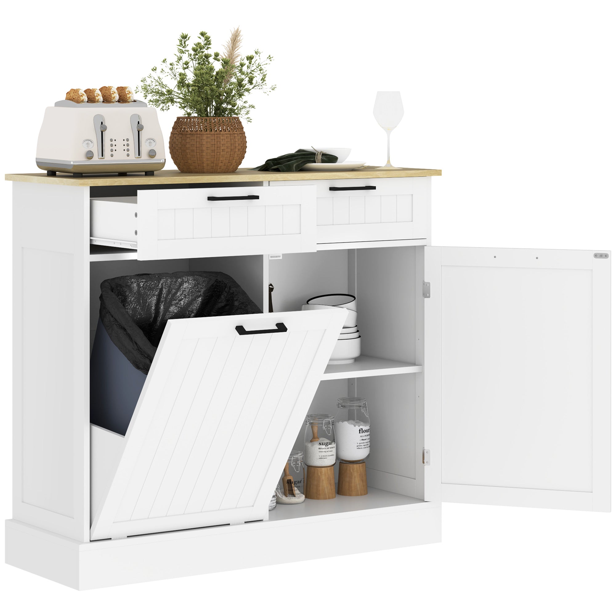 HOMCOM 10 Gallon Hidden Garbage Bin Cabinet, Tilt Out Trash Cabinet w/ 2 Drawers, Freestanding Kitchen Island, White