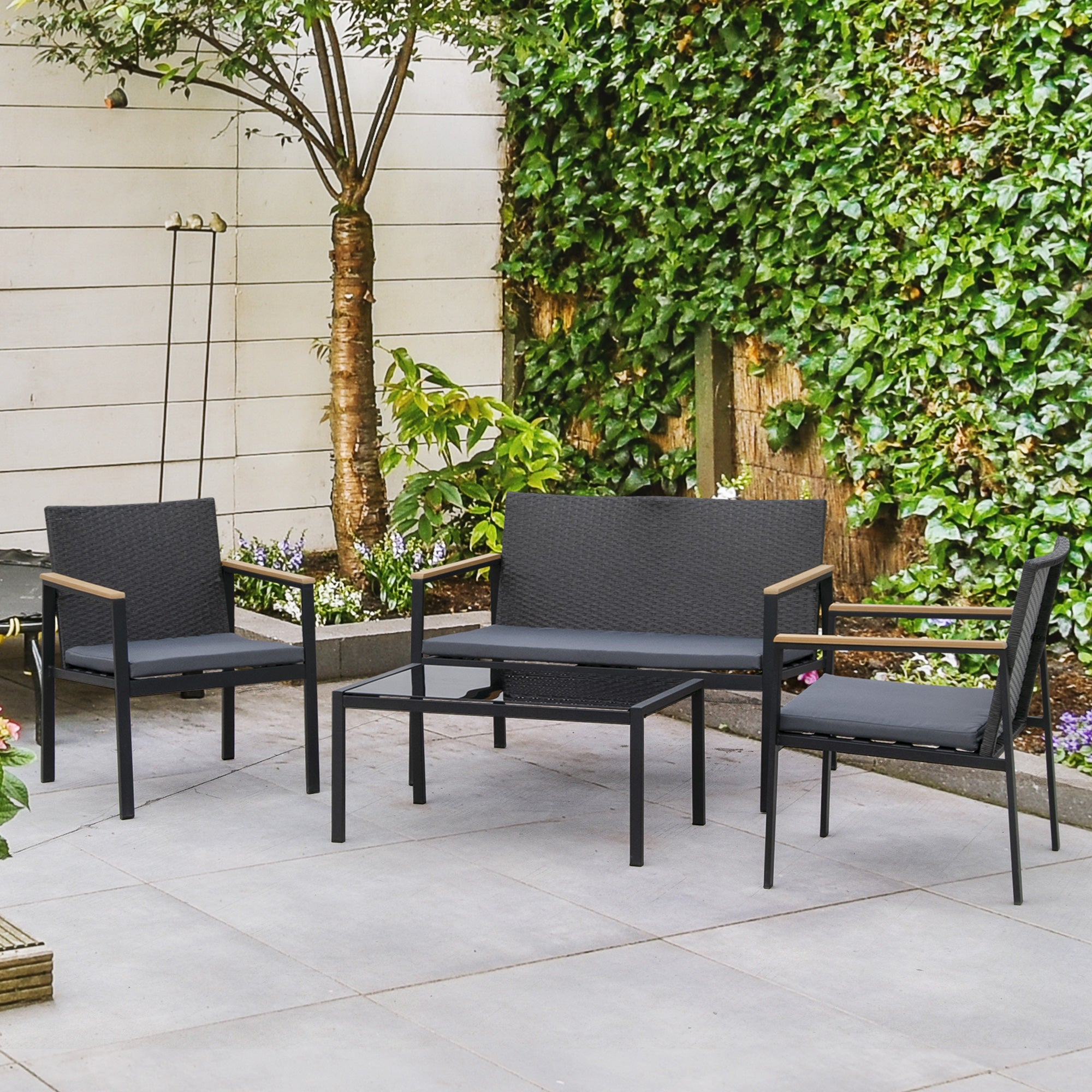Outsunny 4 Pieces Wicker Patio Furniture Set with Cushions, Outdoor Rattan PE Rattan Conversation Set, Chairs and Loveseat with PS Board Armrests Decoration, Glass Top Table, Black