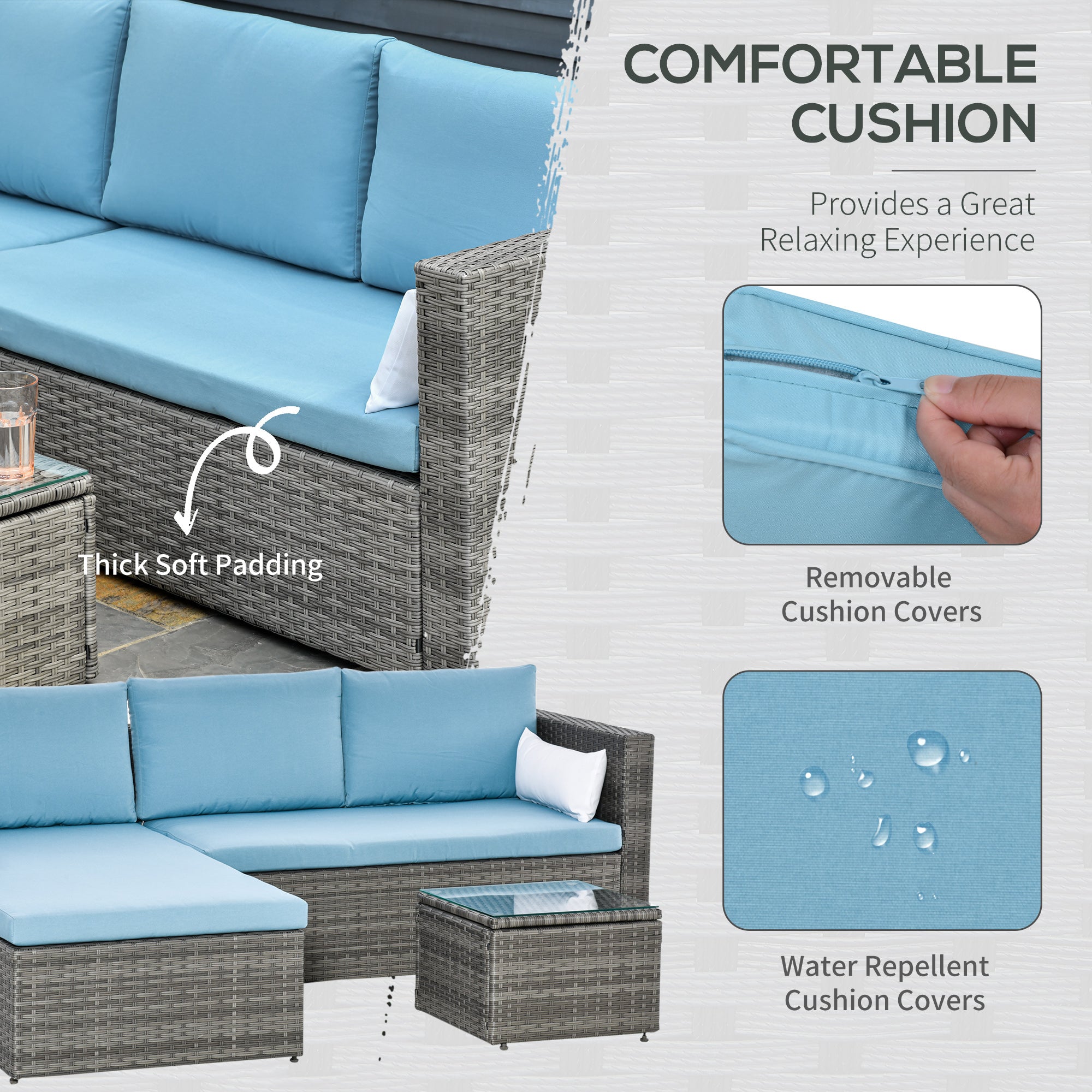 Outsunny 3-Piece Patio Furniture Set Modern Sectional Sofa Rattan Chair Wicker Conversation Set Outdoor Hand Woven Rattan Wicker Furniture Patio Coffee Table Sofa Set, Blue