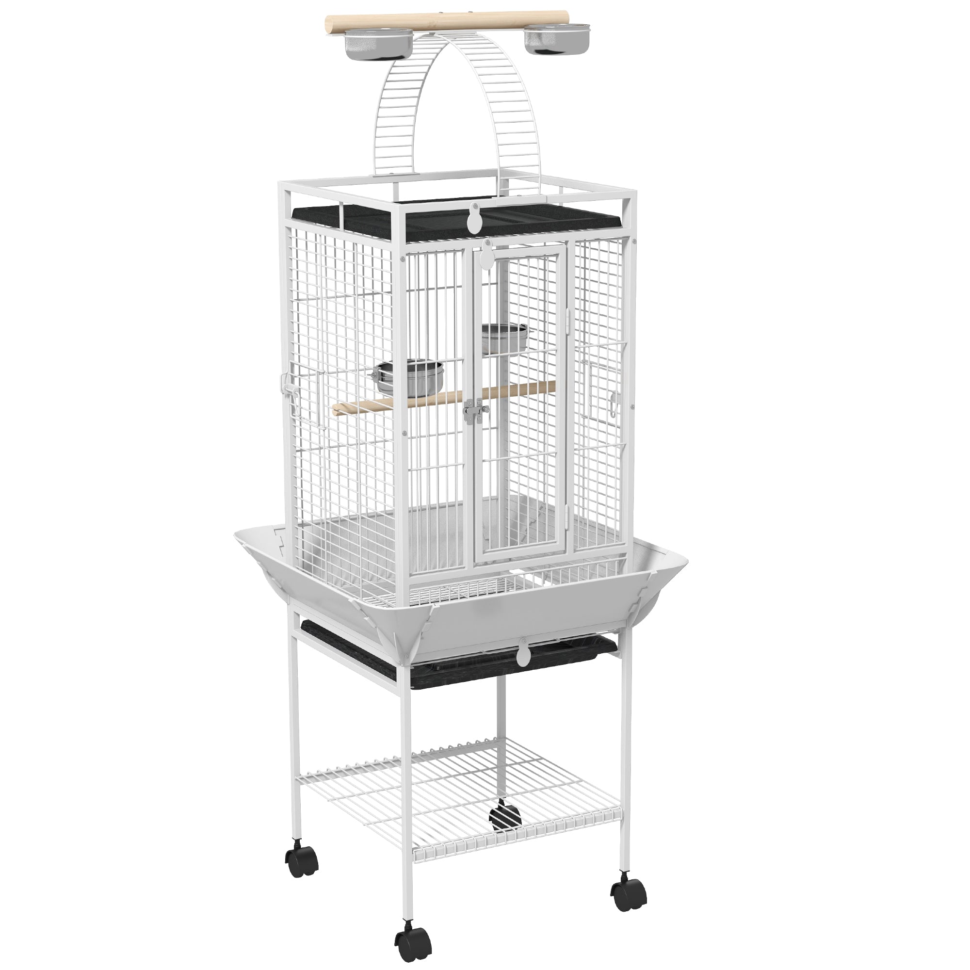 PawHut 61.5 Inch Bird Cage Parakeet House for Cockatiel with Stand, Pull Out Tray, Play Top, Storage Shelf, Wood Perch, Food Container