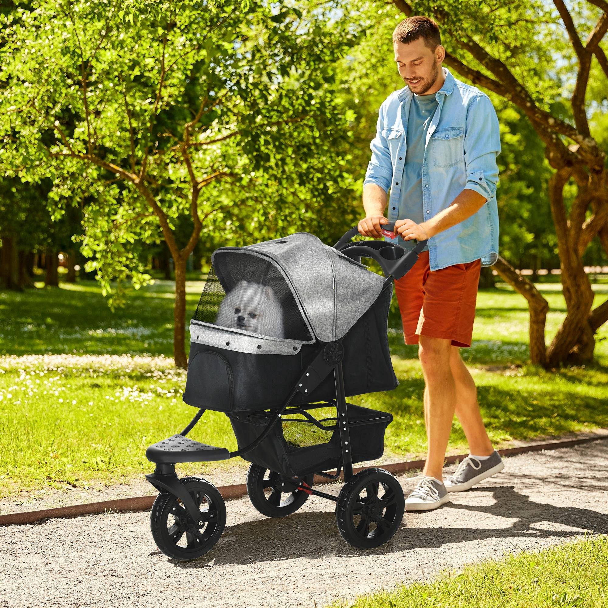 PawHut 3 Wheel Folding Dog Stroller, Jogger Travel Carrier with Adjustable Canopy, Storage Brake, Mesh Window for S&M Dogs Grey