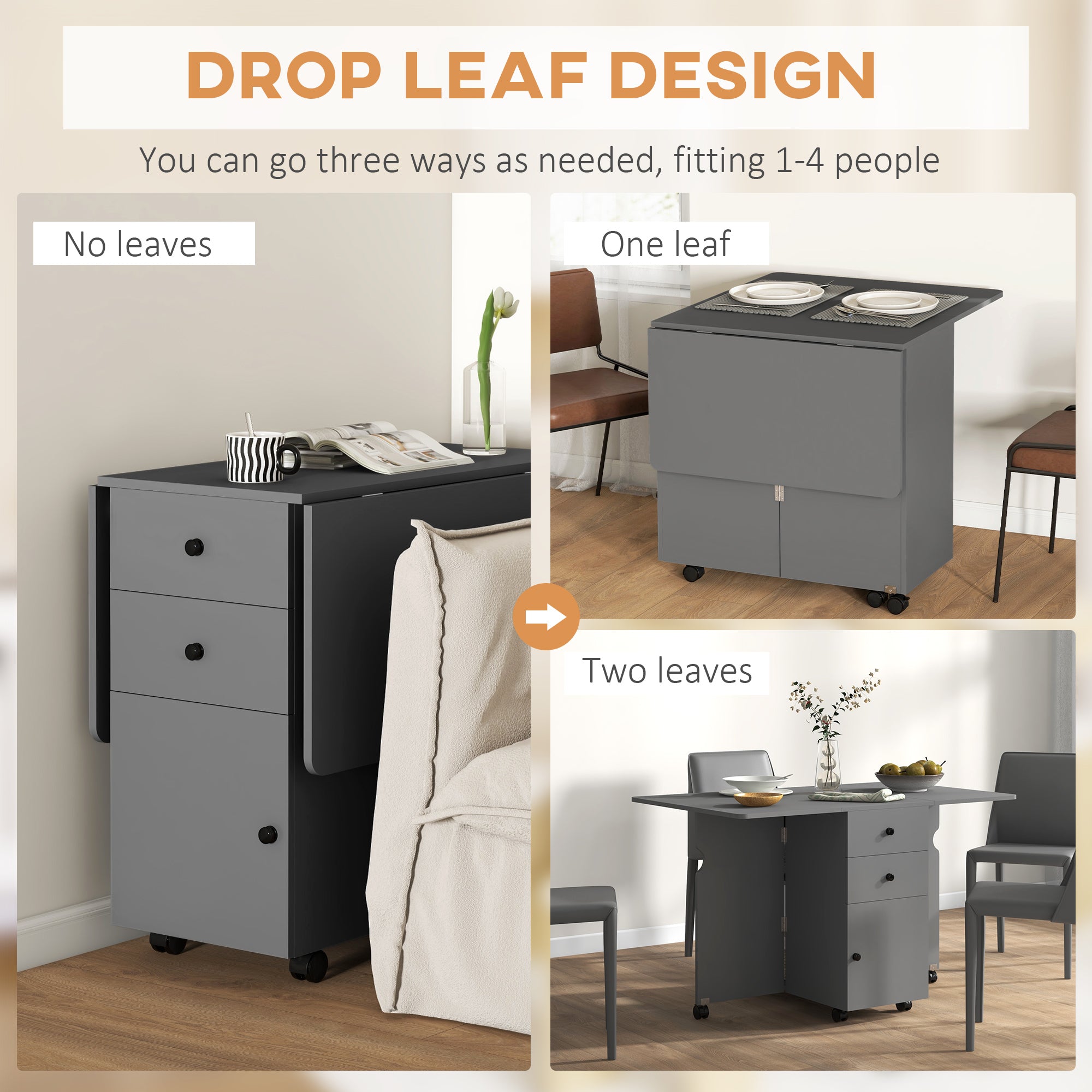 HOMCOM Extendable Dining Table, Drop Leaf Table with 2 Drawers, Cabinet and 6 Wheels for Small Spaces, Kitchen, Grey