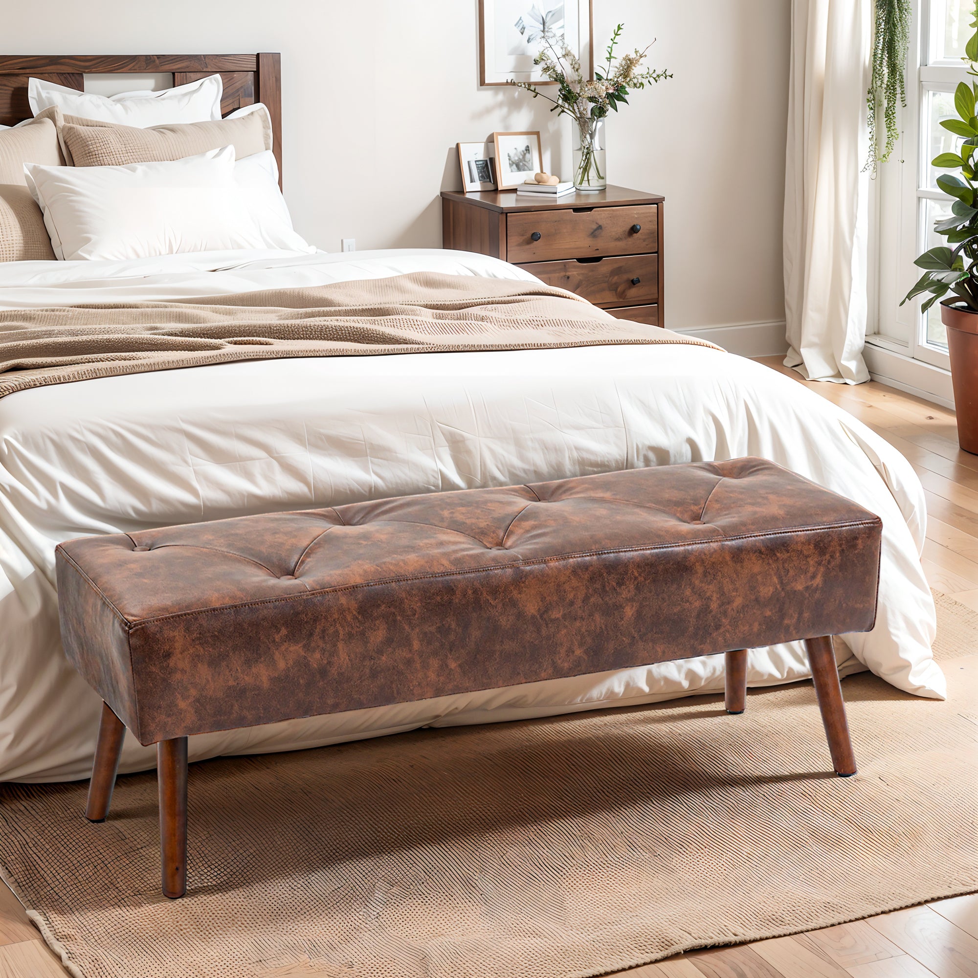 HOMCOM Bedroom Bench, End of Bed Bench with Button Tufted, PU Leather Upholstered Entryway Bench with Wood Legs, Brown