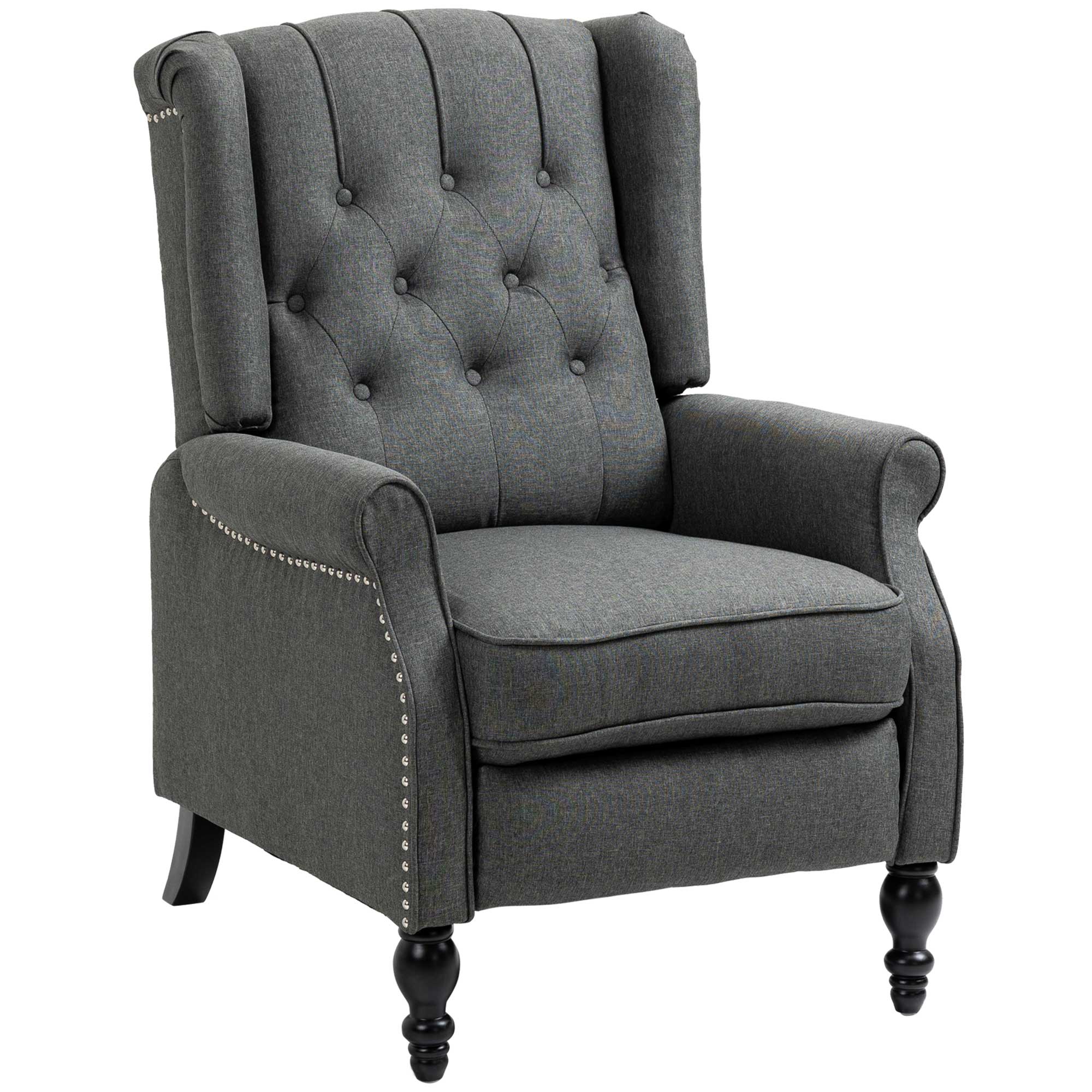 HOMCOM Wingback Reclining Chair with Footrest, Button Tufted Recliner Chair with Rolled Armrests for Living Room, Dark Grey