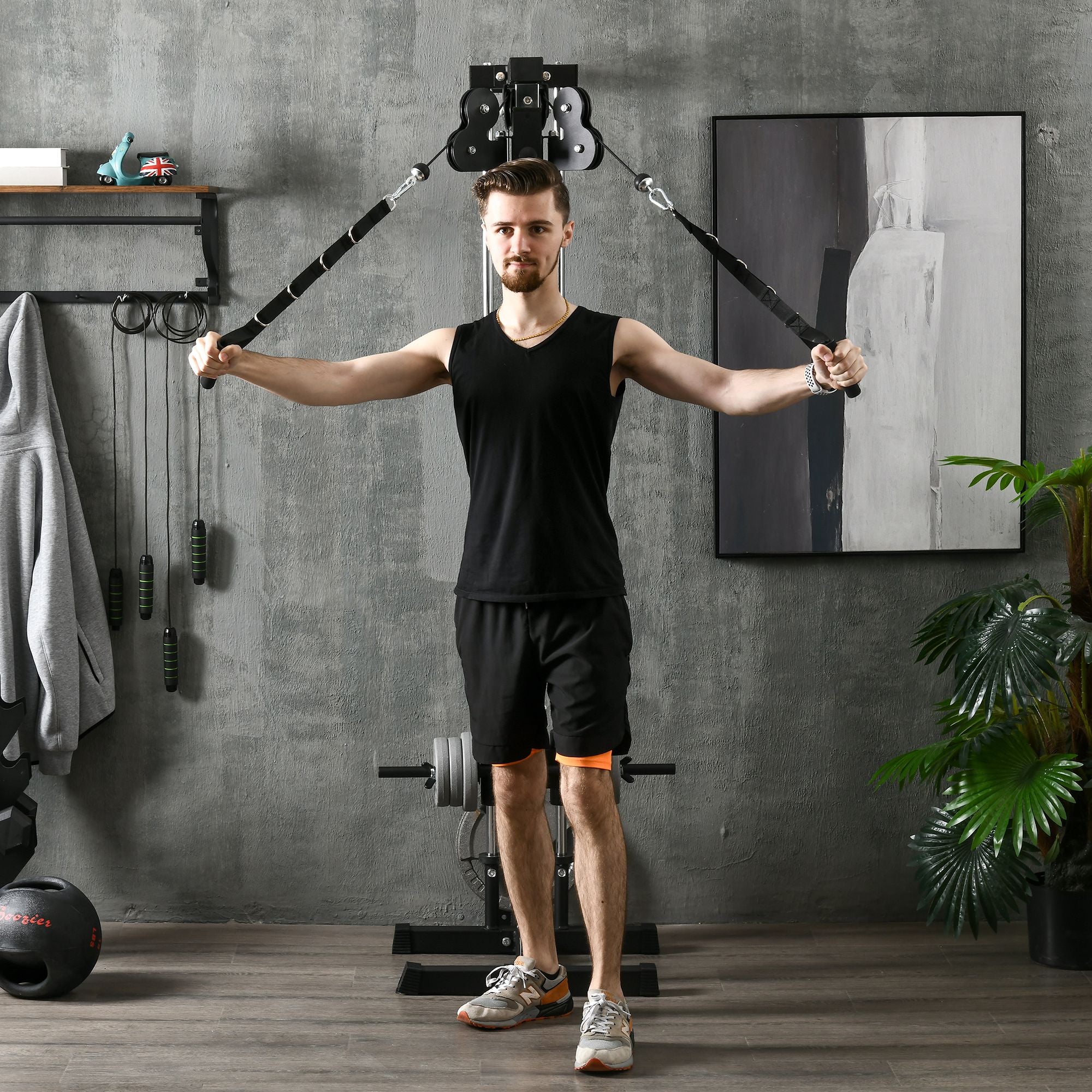 Soozier Wall Mount Cable Station, 15 Positions Adjustable Dual Pulley Machine Cable Crossover Machine for Home Gym