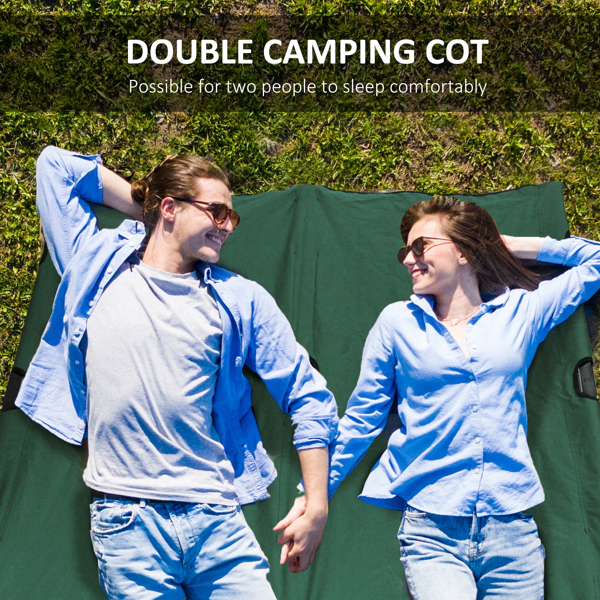 Outsunny 76" Two Person Folding Camping Cot Outdoor Portable Double Cot Wide Military Sleeping Bed w/ Carrying Bag Green
