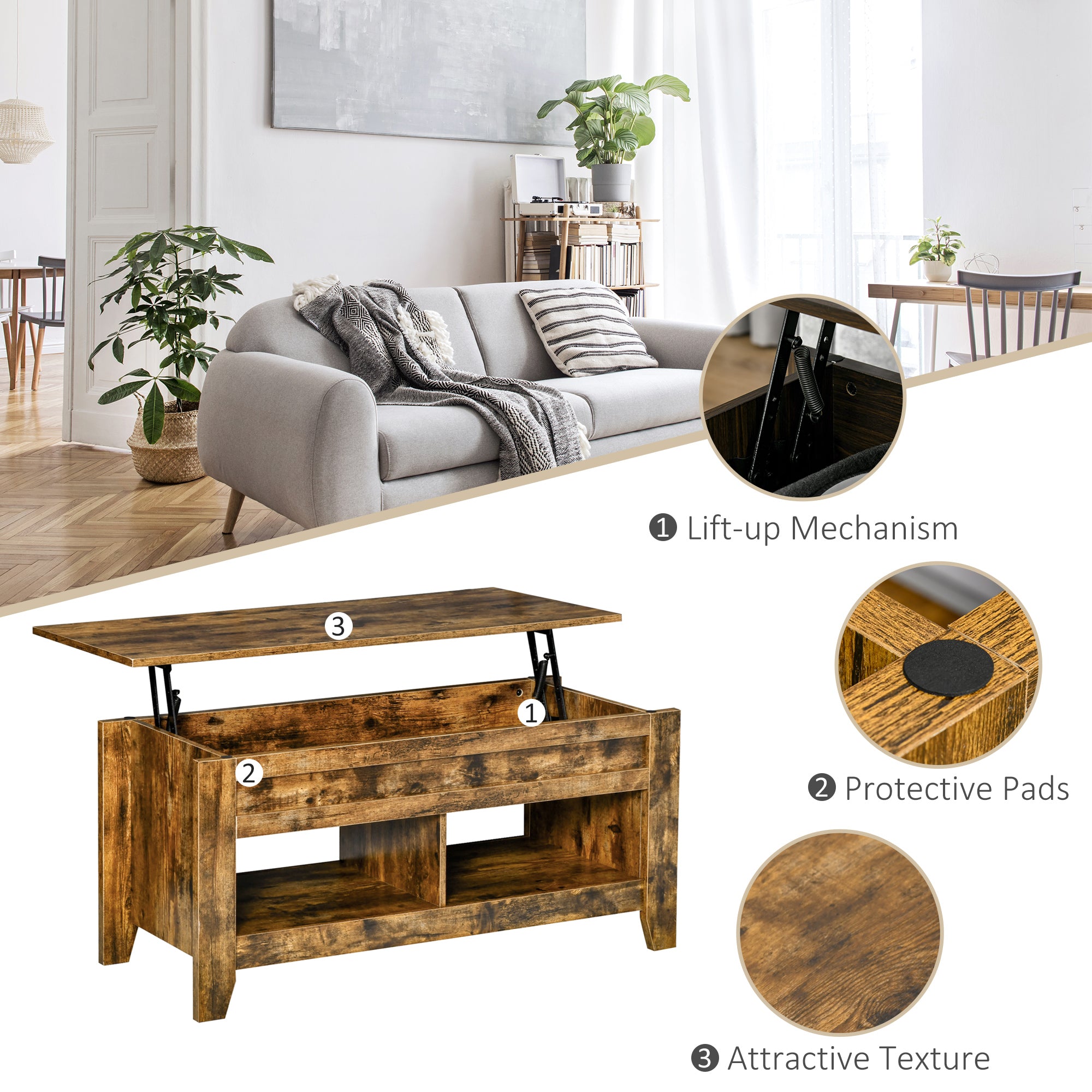HOMCOM Lift Top Coffee Table with Hidden Storage Compartment and Open Shelves, Lift Tabletop Pop-Up Center Table for Living Room, Brown