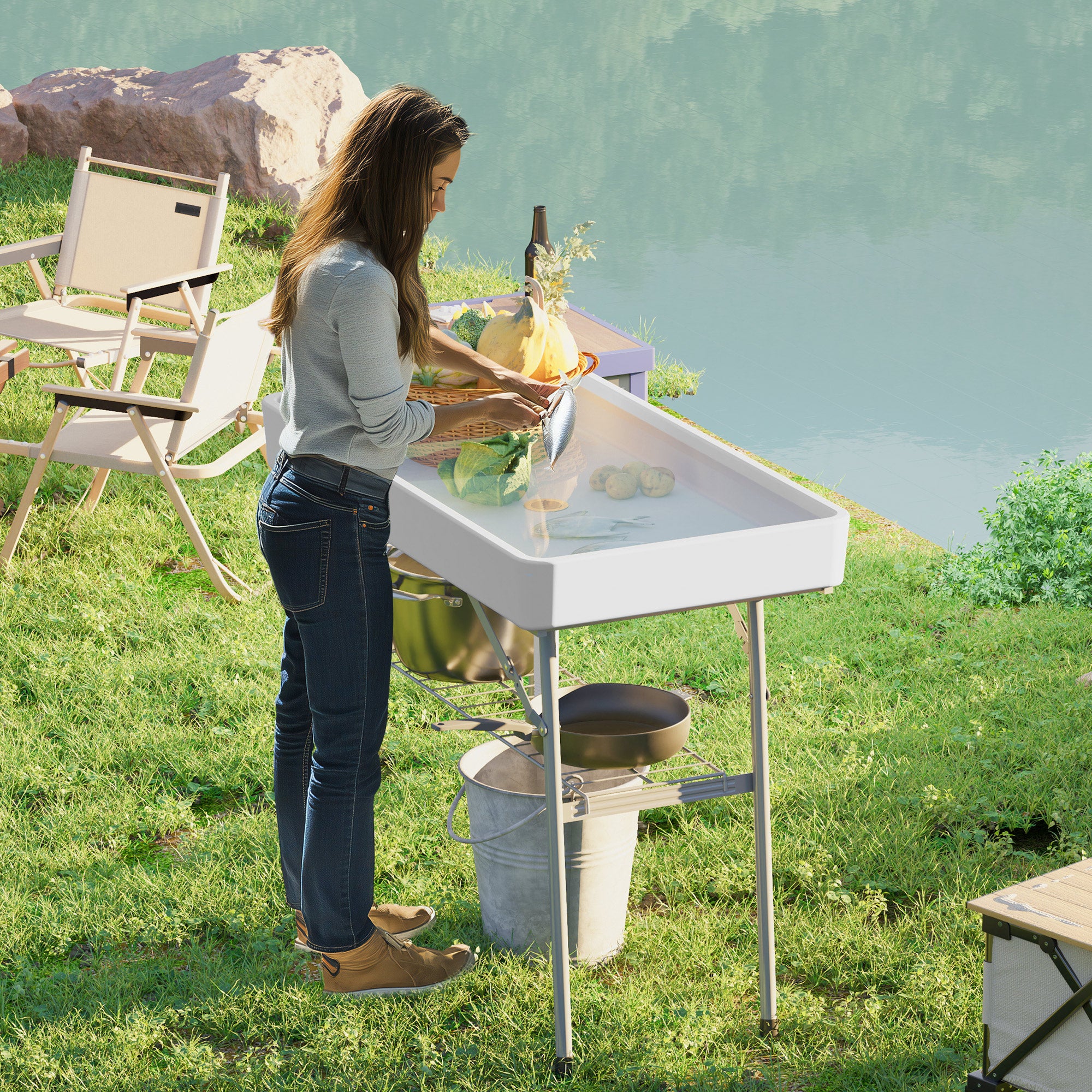 Outsunny 3.4ft Folding Ice Cooler Table with Drain, Outdoor Patio Party Cooler for Drinks, Fishing Cleaning Table with Storage Shelf for Picnic BBQ Camping Wedding, White