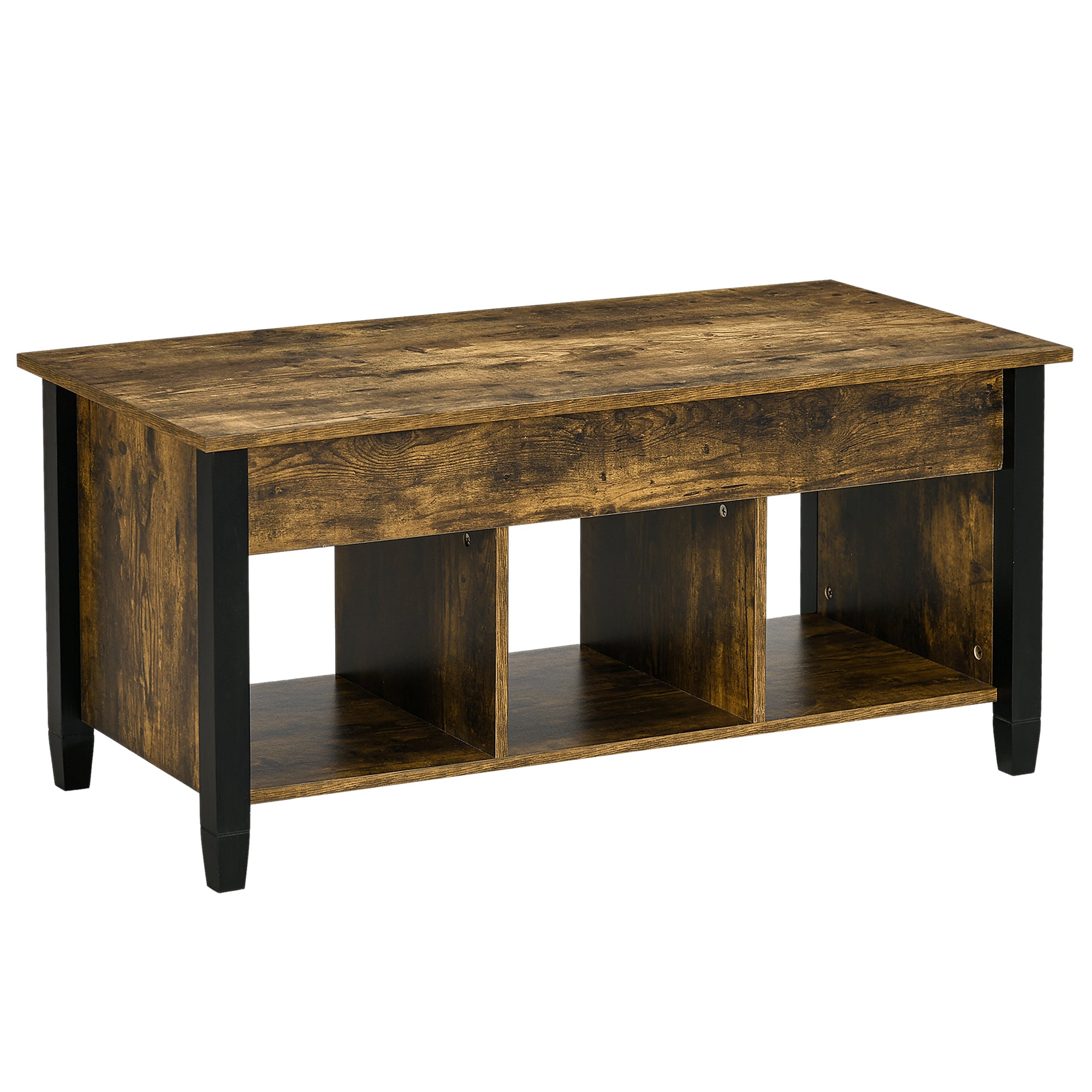 HOMCOM Lift Top Coffee Table with Hidden Storage Compartment and 3 Lower Shelves, Pop-Up Center Table for Living Room, Rustic Brown