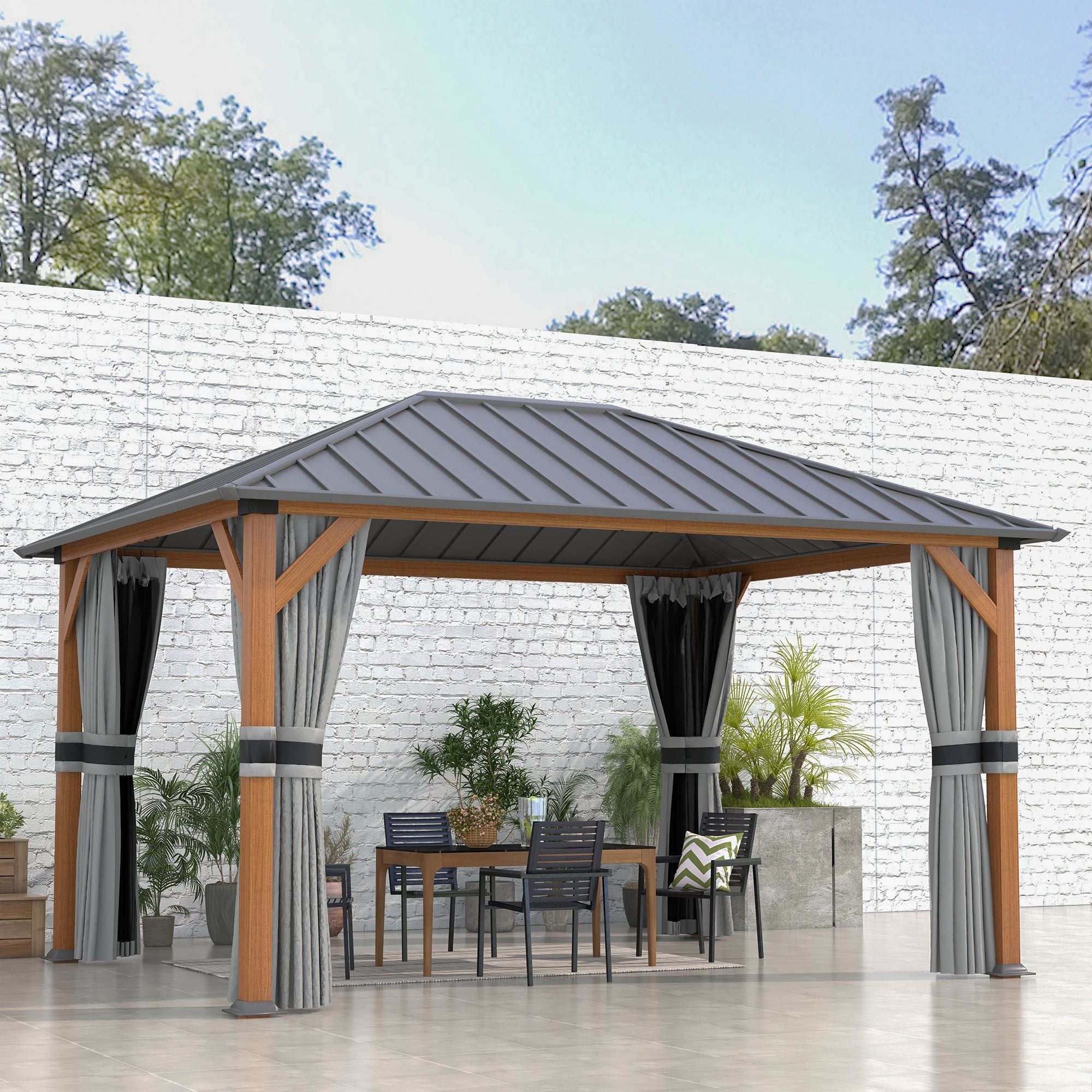 Outsunny 13' x 10' Hardtop Gazebo with Netting Sidewalls and Curtains, Galvanized Steel Outdoor Gazebo Canopy for Garden