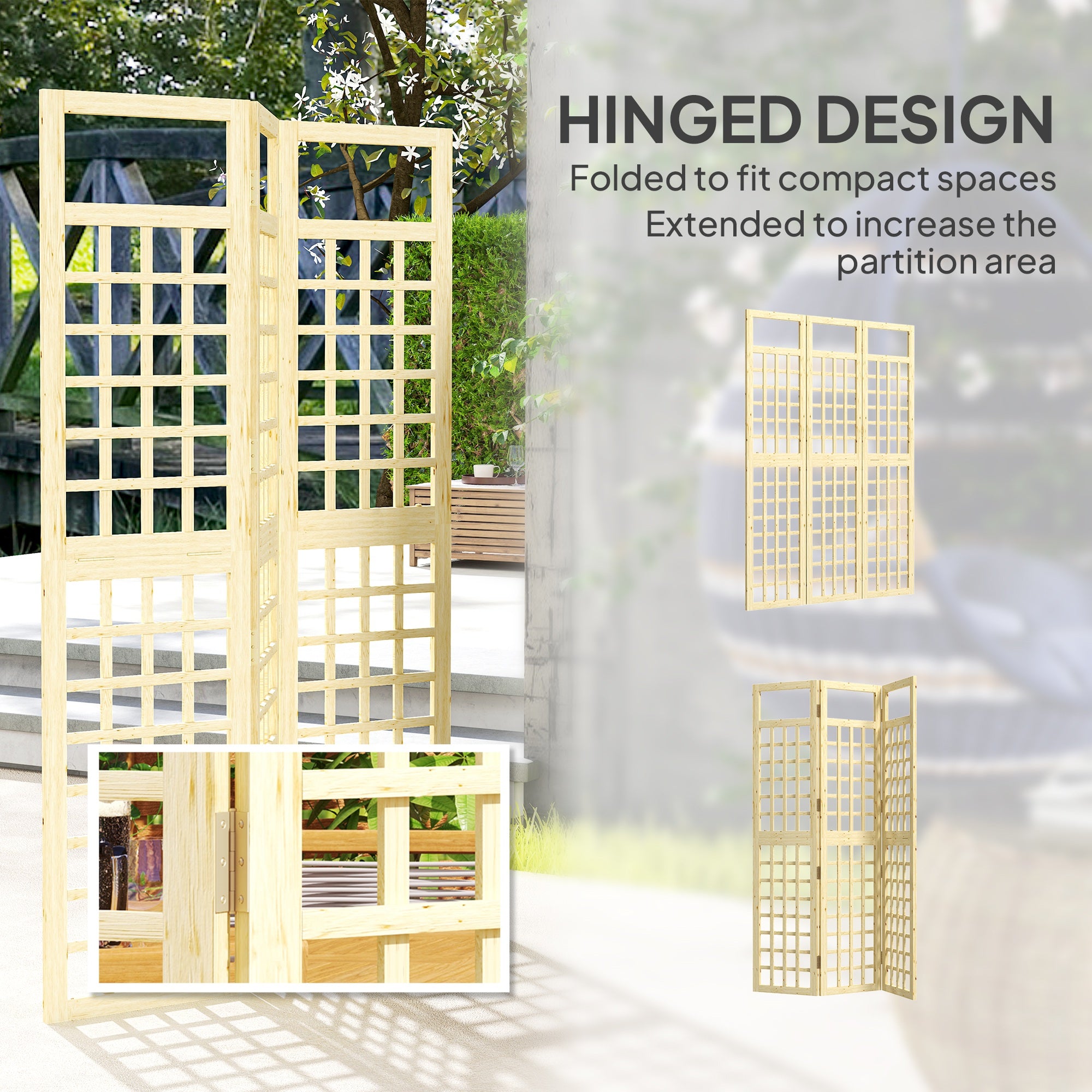 Outsunny 3 Panel Outdoor Wood Privacy Screen, Folding Room Divider/Trellis for Home, Patio, 47.2" x 66.9", Natural Wood