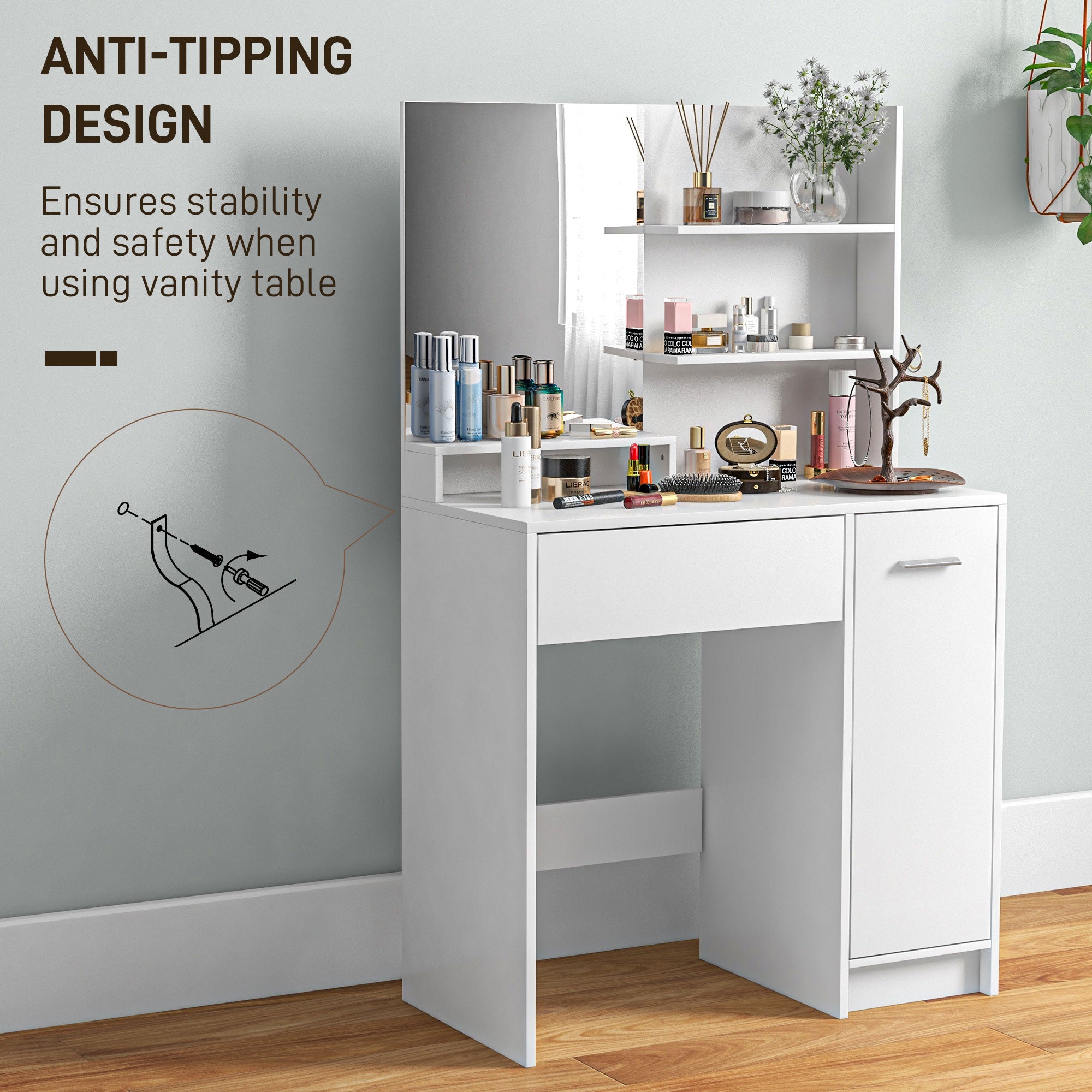 HOMCOM Vanity Set with Mirror and Stool, Makeup Vanity Table with Storage Drawer, Cabinet, Adjustable Shelf for Bedroom, White