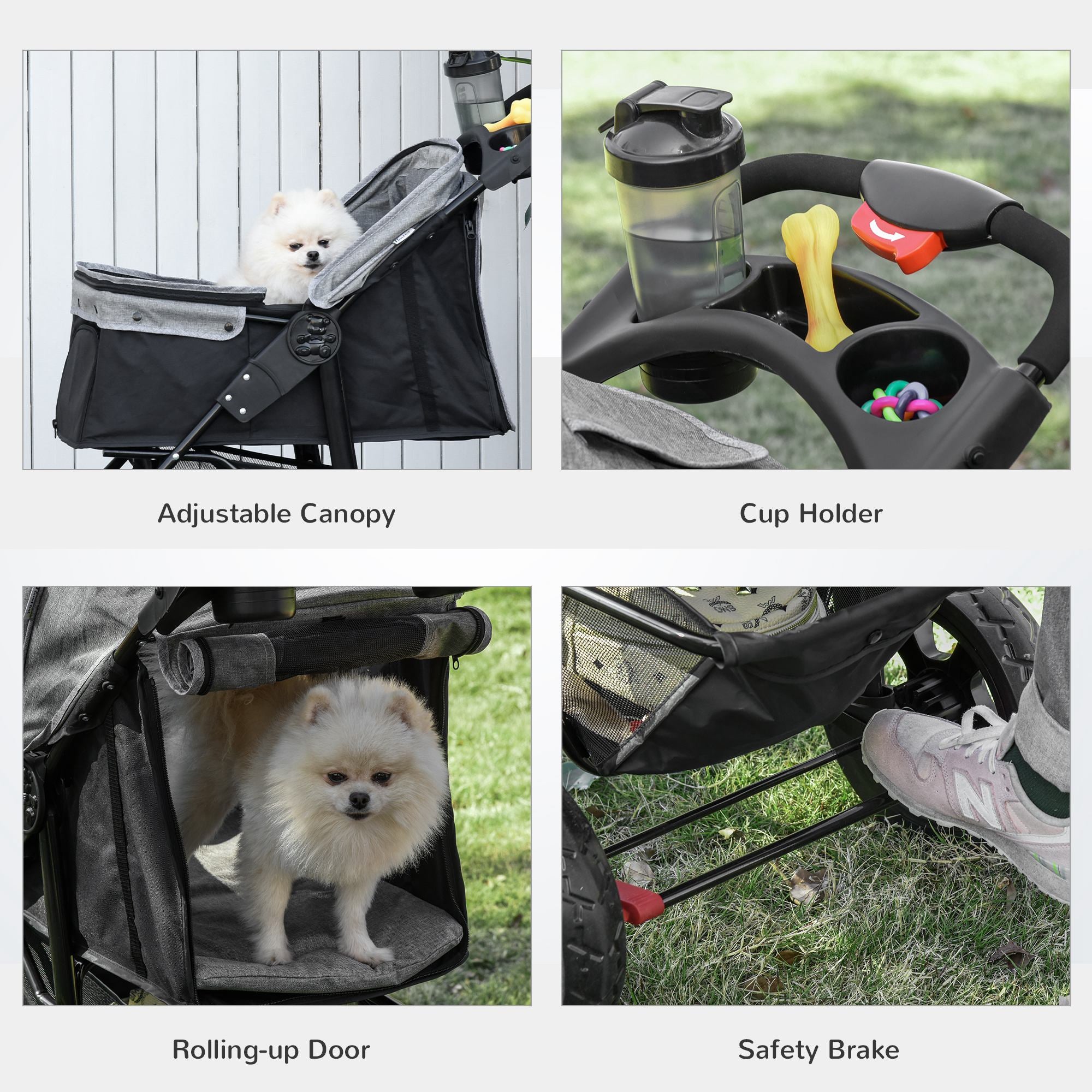 PawHut 3 Wheel Folding Dog Stroller, Jogger Travel Carrier with Adjustable Canopy, Storage Brake, Mesh Window for S&M Dogs Grey