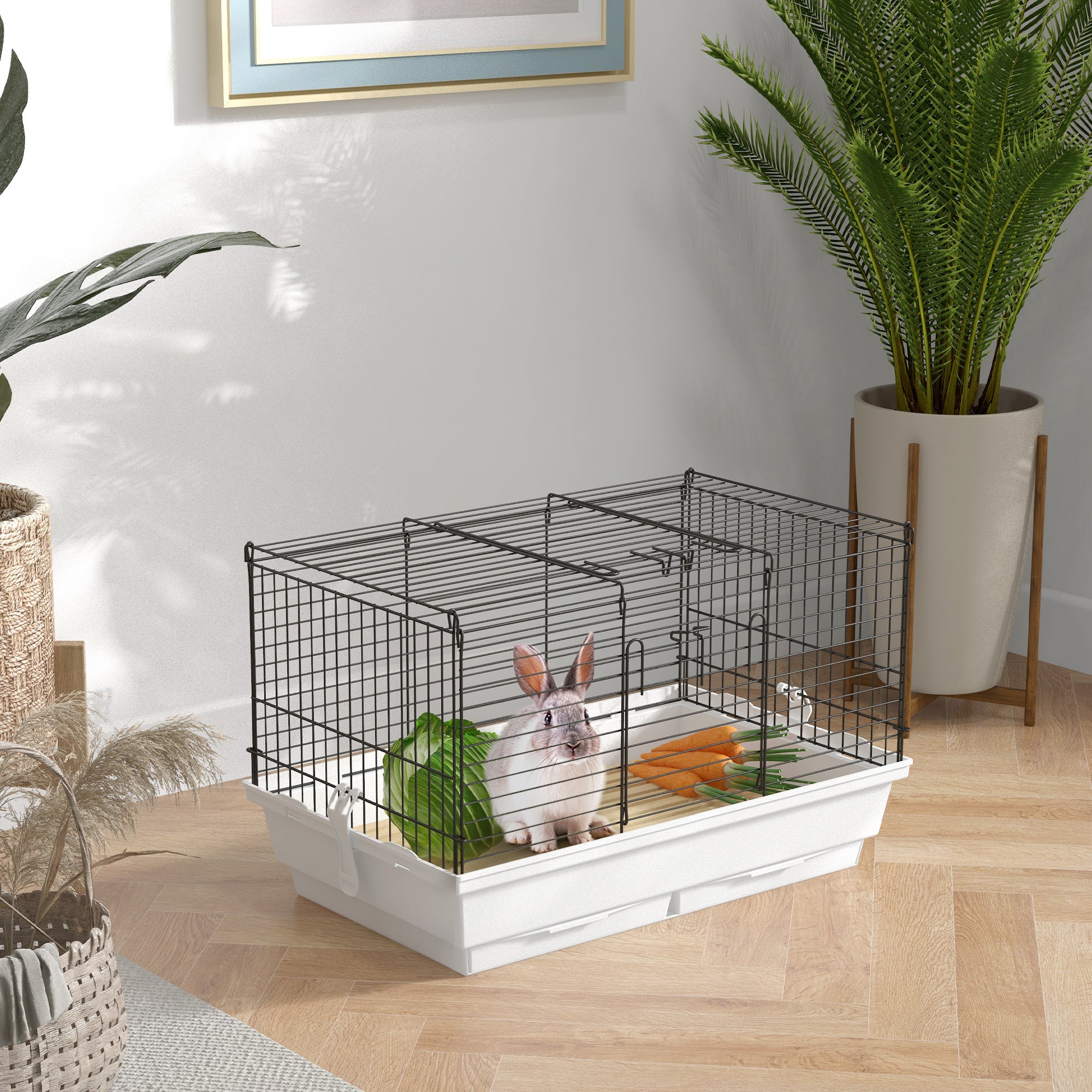 PawHut Rabbit Guinea Pig Cage, Bunny Cage Pet Pen with Sliding-Out Trays, Bottom Wood Board, Doors, 24" x 15" x 16"